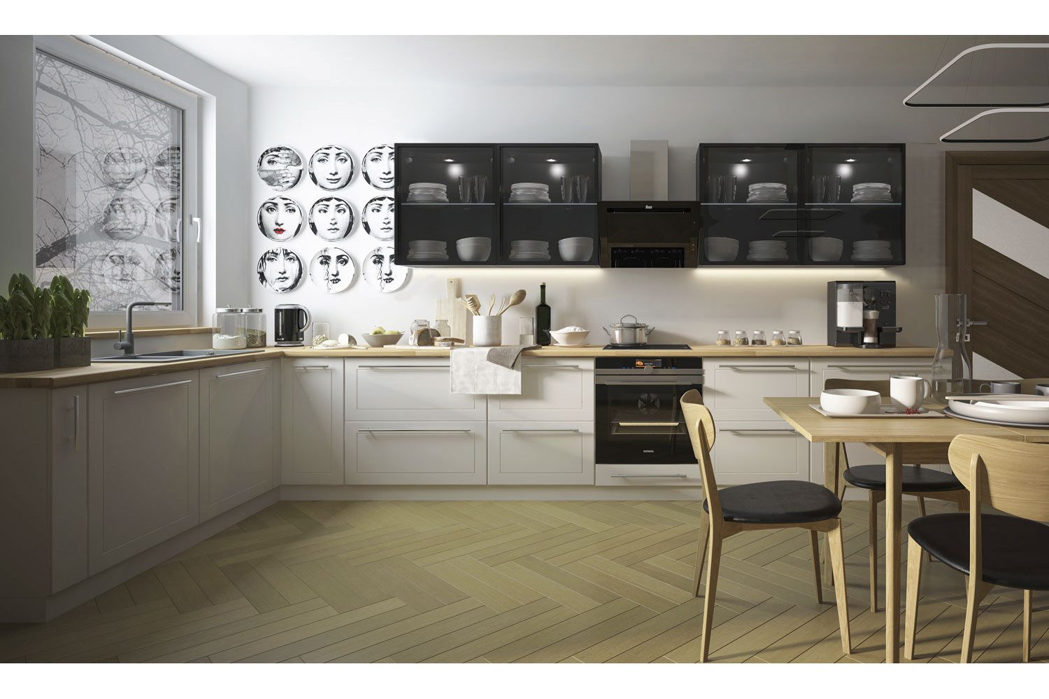 Feldmann-Wohnen Winkelküche Kvantum, (Schubladen mit Teilauszug + Selbsteinzug (Blum Metabox), 201x445cm weiß matt schwarz 13-teilig