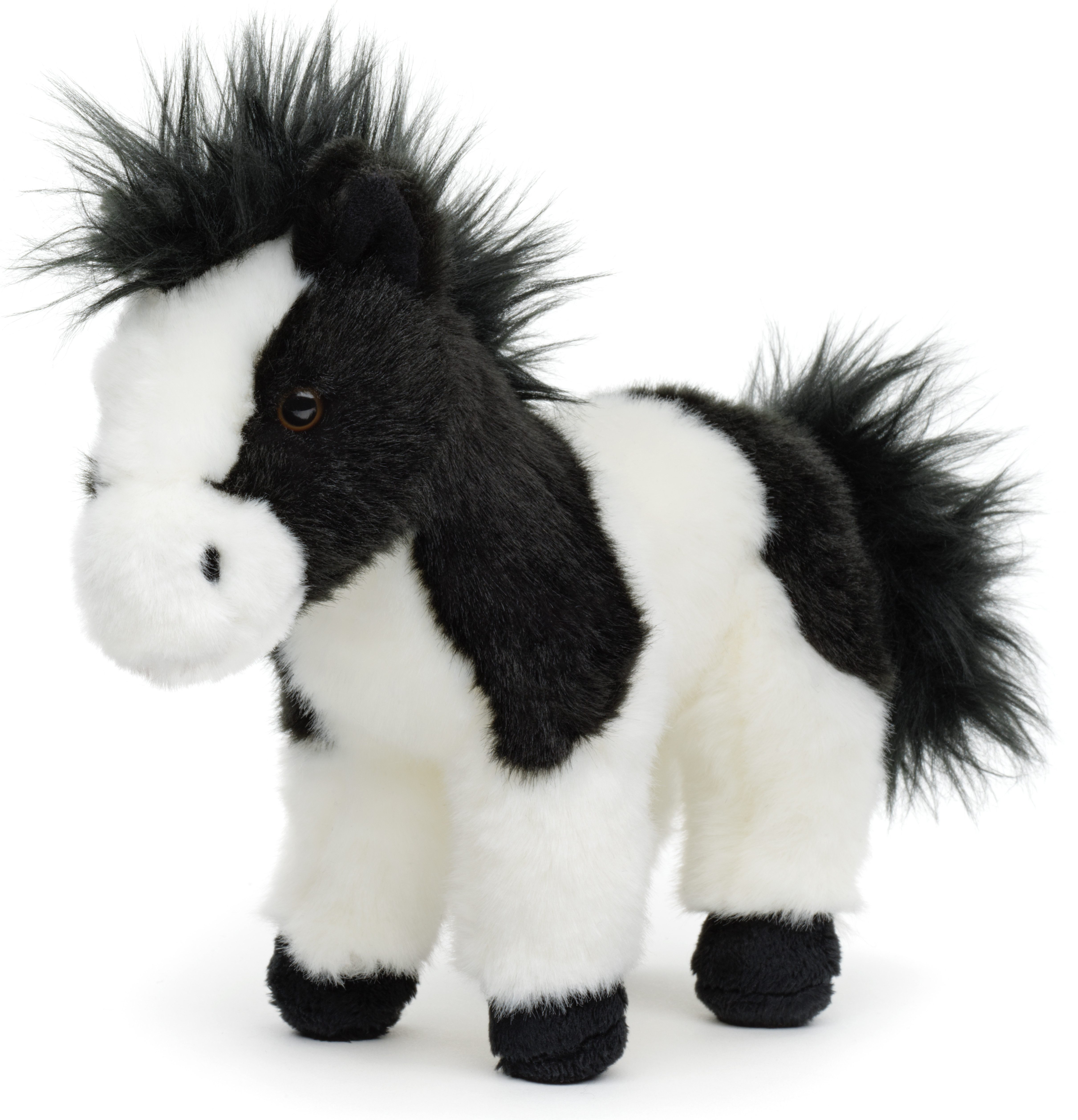 Uni-Toys Kuscheltier Pferd schwarz-weiß, stehend - 19 cm oder 23 cm (Höhe) - Plüschtier, zu 100 % recyceltes Füllmaterial