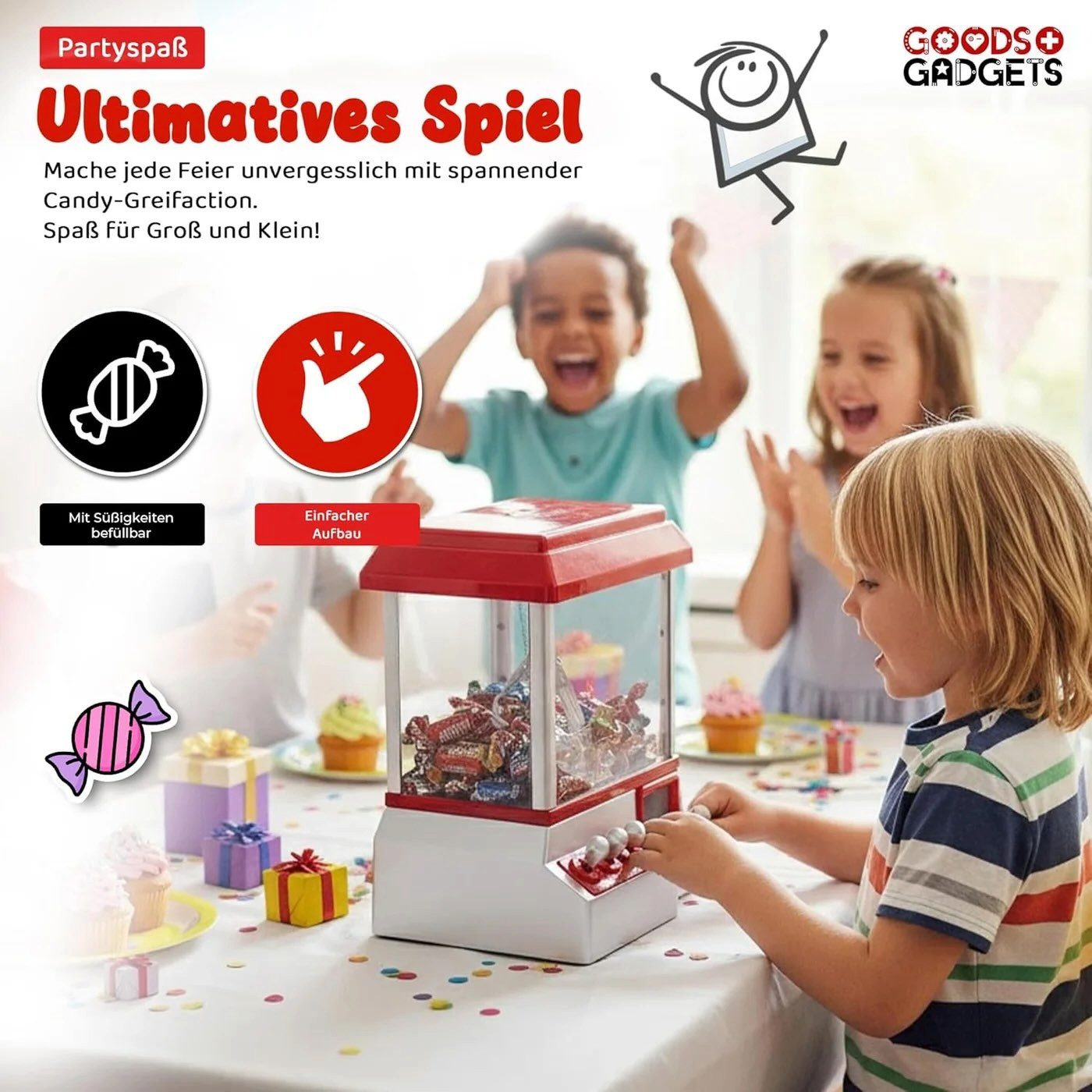 Goods+Gadgets Spieltisch Spieltisch Candy Grabber – Süßigkeitenautomat mit Greifarm & Joystick, (Spielautomat), Süßigkeiten Greifautomat