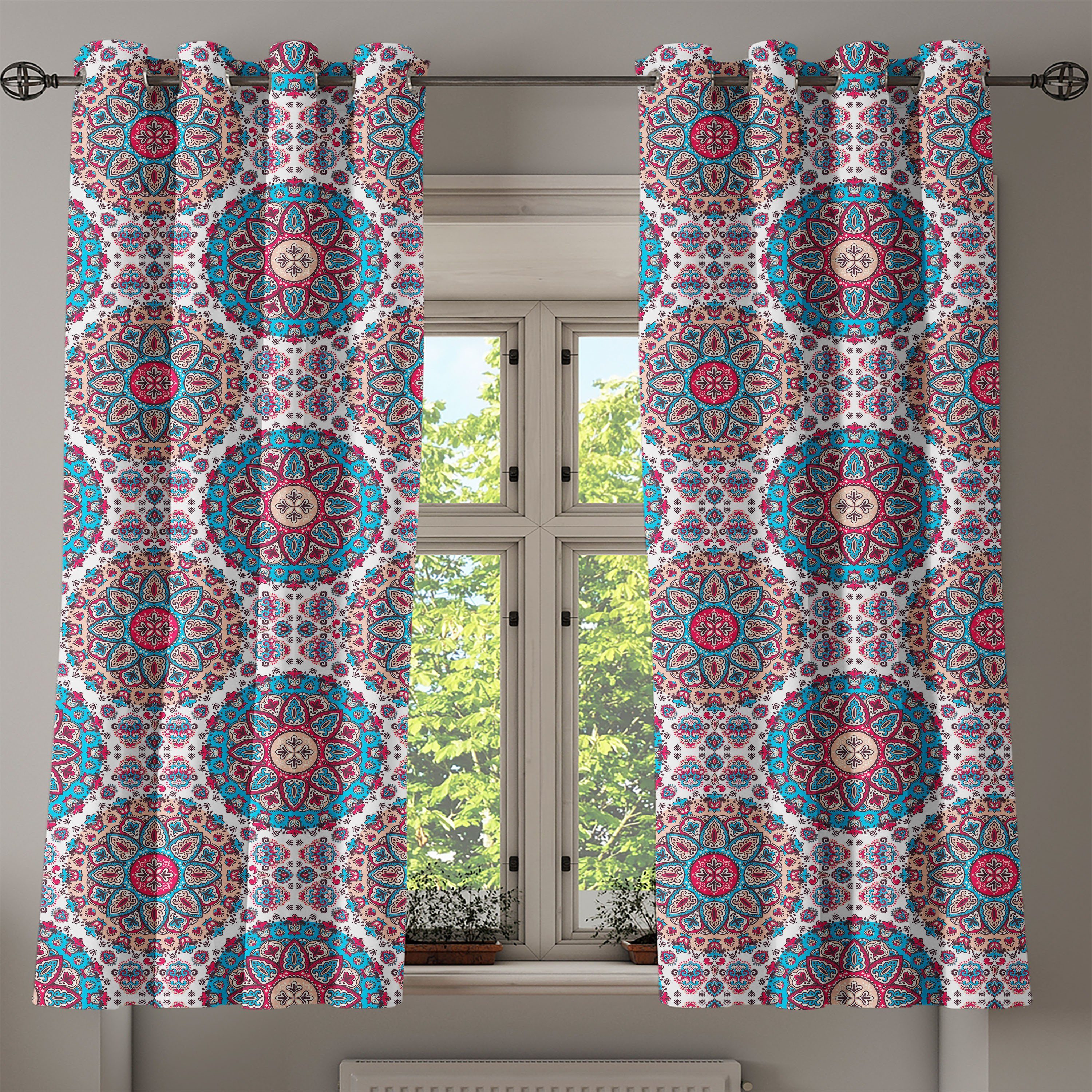 Gardine Dekorative Retro für Orientalische 2-Panel-Fenstervorhänge Art Wohnzimmer, Abakuhaus, Ethnisch Floral Schlafzimmer