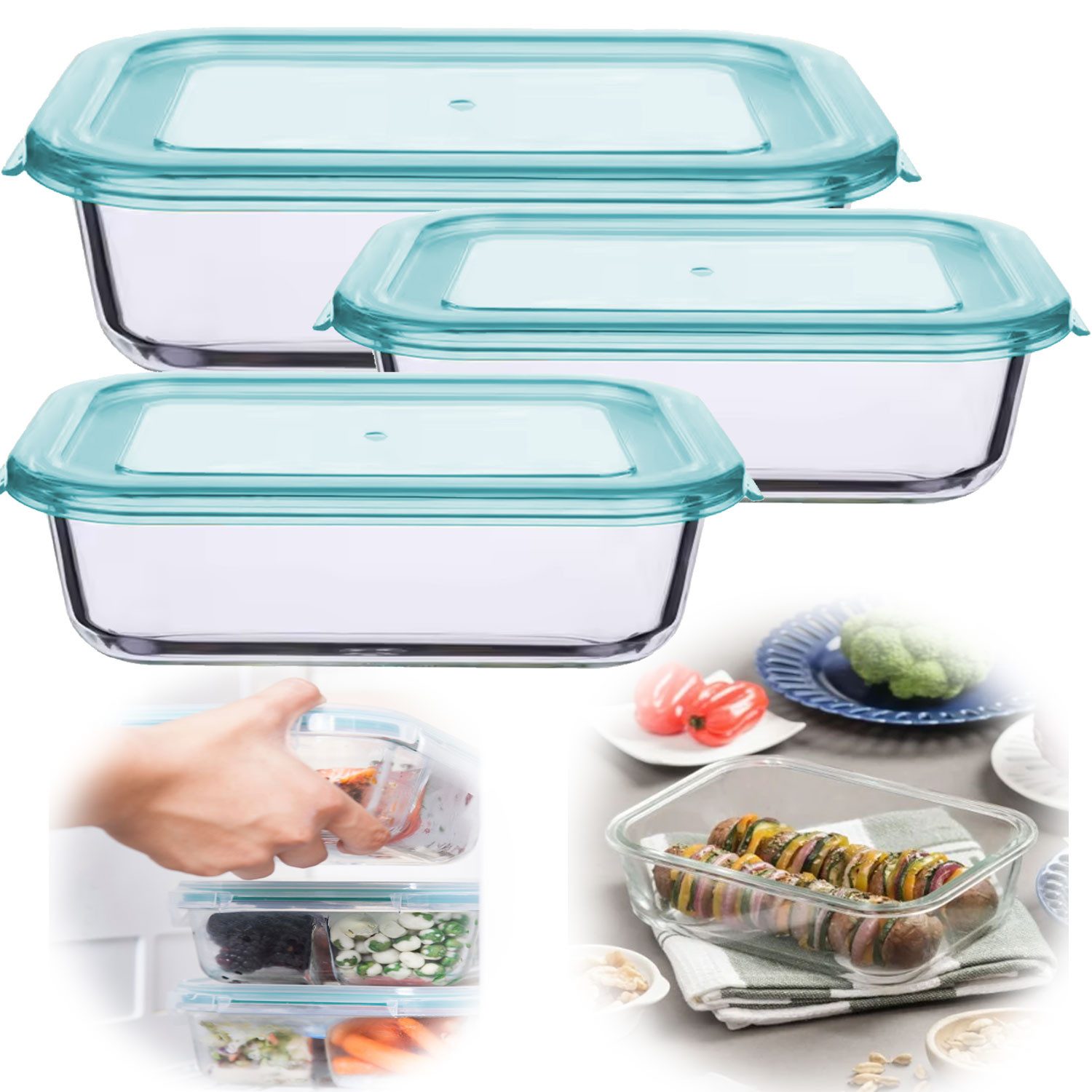 LS-LebenStil Frischhaltedose Glas Cook & Lock 3´er Set Glasschale mit Deckel Glasbehälter Boxen, Glas, (Glasdose mit Deckel, Borosilikatglas, Meal Prep Gläser Vorratsdose, 3-tlg., 3-teilig, 630, 1040, 1500 ml, Rechteckig, Stapelbar, Luftdicht), Mikrowellen-, Ofen- & Gefrierfest, nicht auslaufsicher, Auflaufform