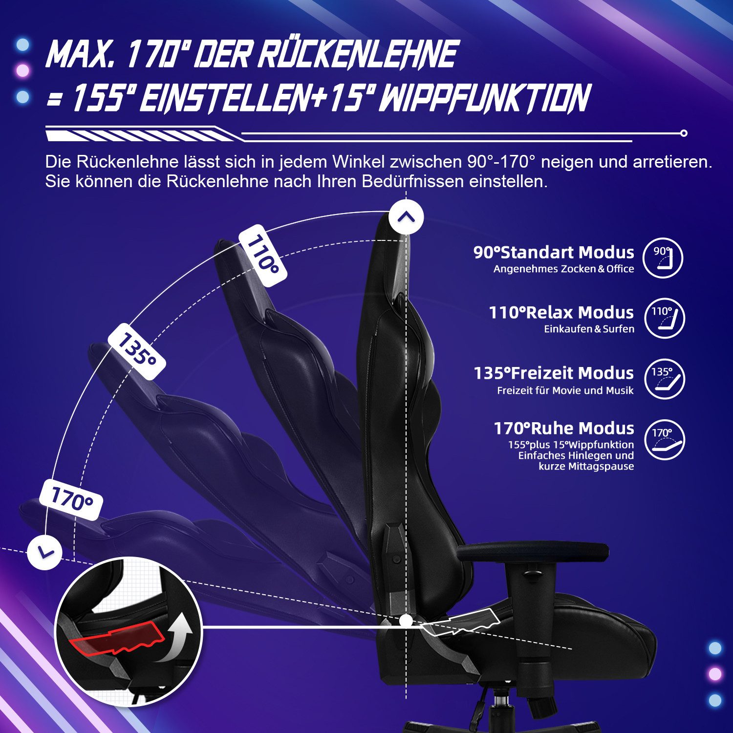 Hiazurm Gaming-Stuhl Gaming Stuhl, Bürostuhl Ergonomisch, Gaming Chair (Gaming Sessel Gepolstert mit Fußstütze,Klappbare gepolsterte Armlehnen, Gamer Stuhl Wippfunktion,Gaming Stuhl 150 kg Belastbarkeit), Bürostuhl Chefsessel Wippfunktion bis zu 170