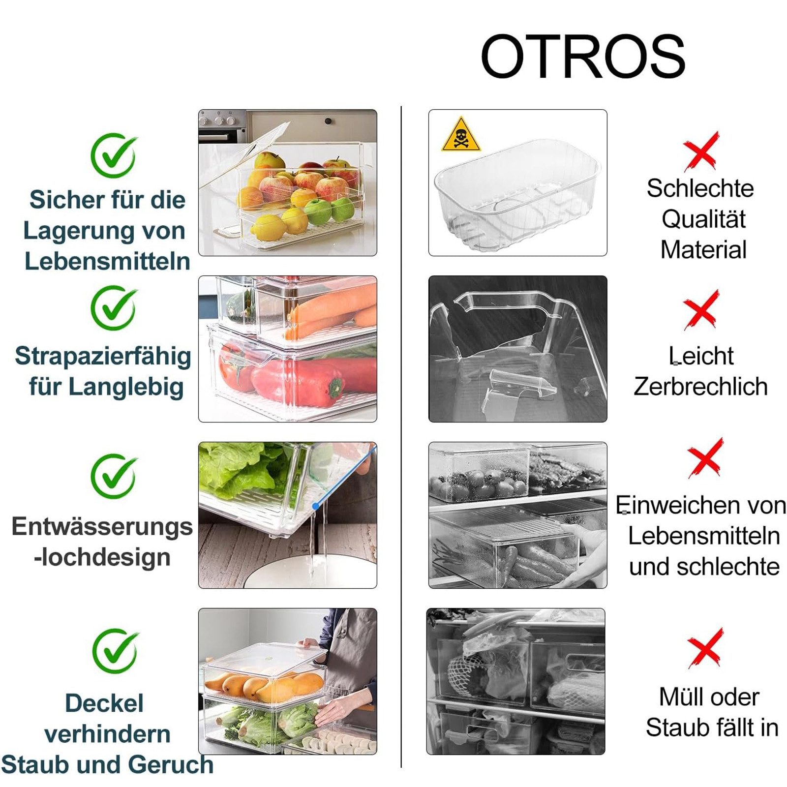 SURFOU Frischhaltedose 10 Stück kühlschrank organizer, Aufbewahrungsbox Küche Organizer, Praktische Aufbewahrung für Kühlschrank, Obst, Gemüse und Lebensmittel