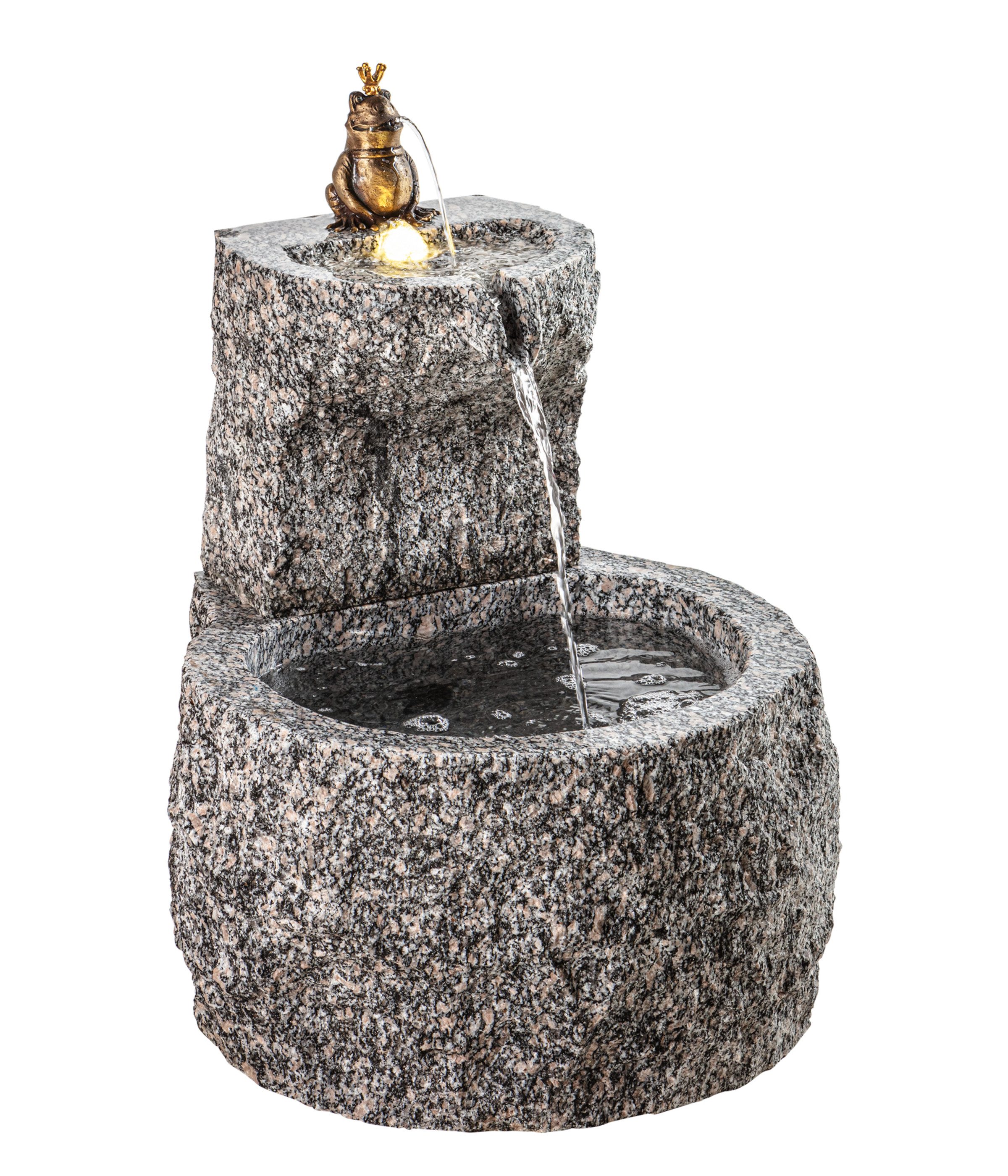 Dehner Gartenbrunnen Froschkönig mit LED, Ø 50 x 55 cm, Granit, Wassersprinkler mit Frosch aus Bronze, inkl. Pumpe / Trafo