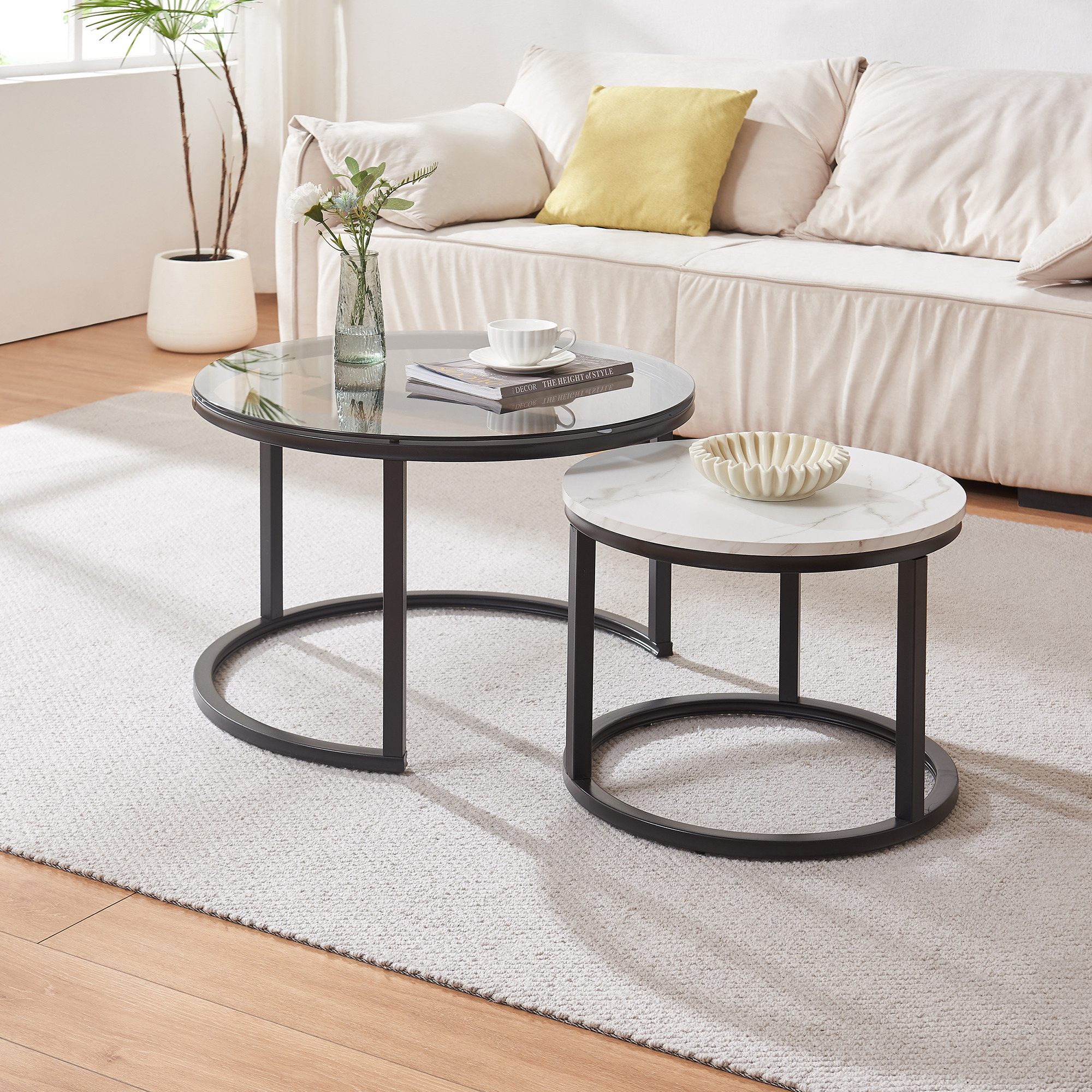 en.casa Couchtisch (Set, 2-St), »Kokkola« Satztisch rund Metall Rauchglas/M günstig online kaufen