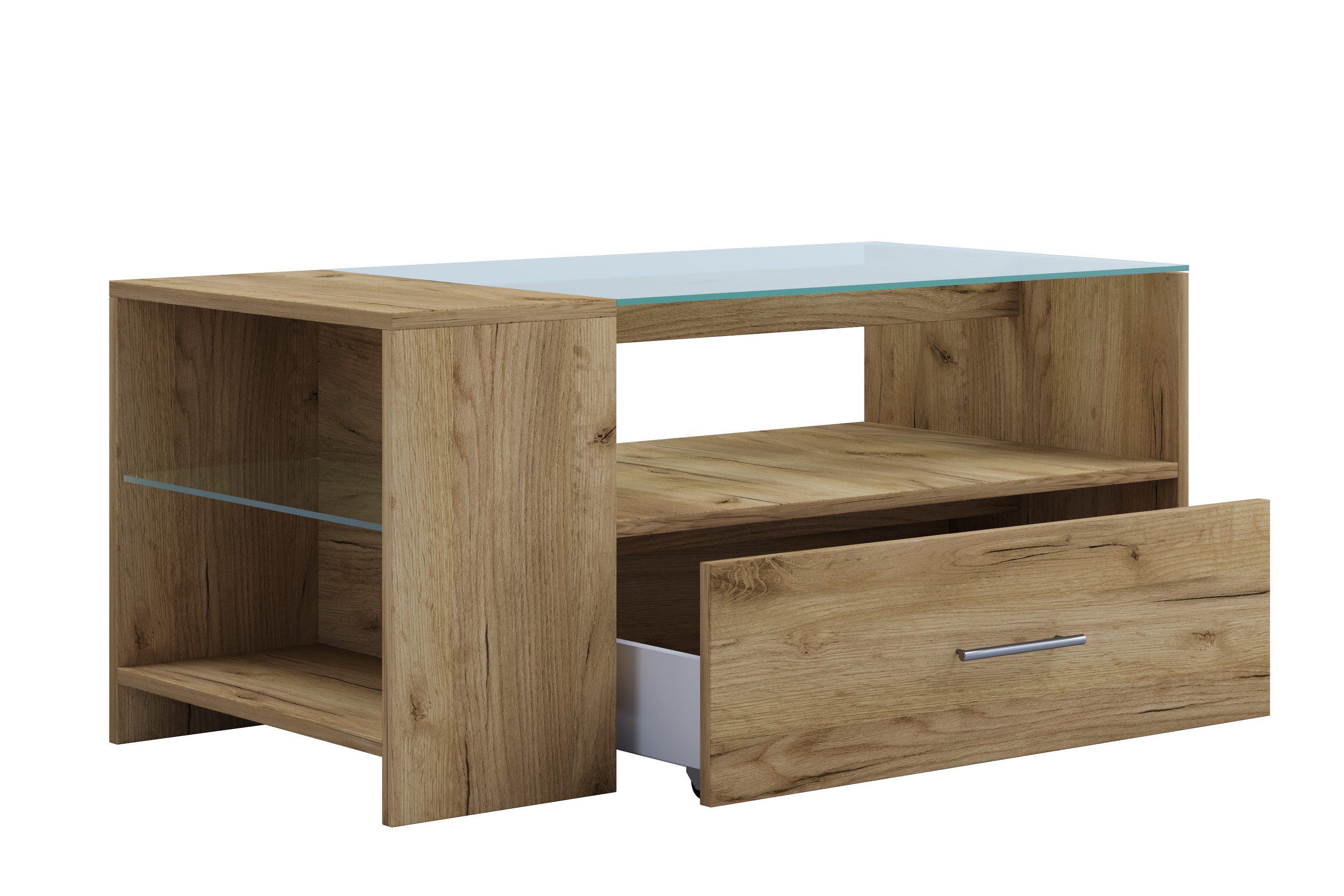 VCM Couchtisch Beistelltisch Wohnzimmer Tindala H. 45 x B. 100 x, Holz Couchtisch mit ESG-Sicherheitsglas