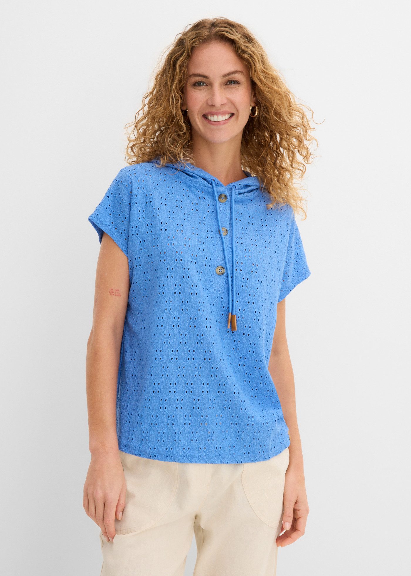 bonprix Henleyshirt lockerer Schnitt, Oversize-Passform, mit Kapuze, Kurzarm-Design