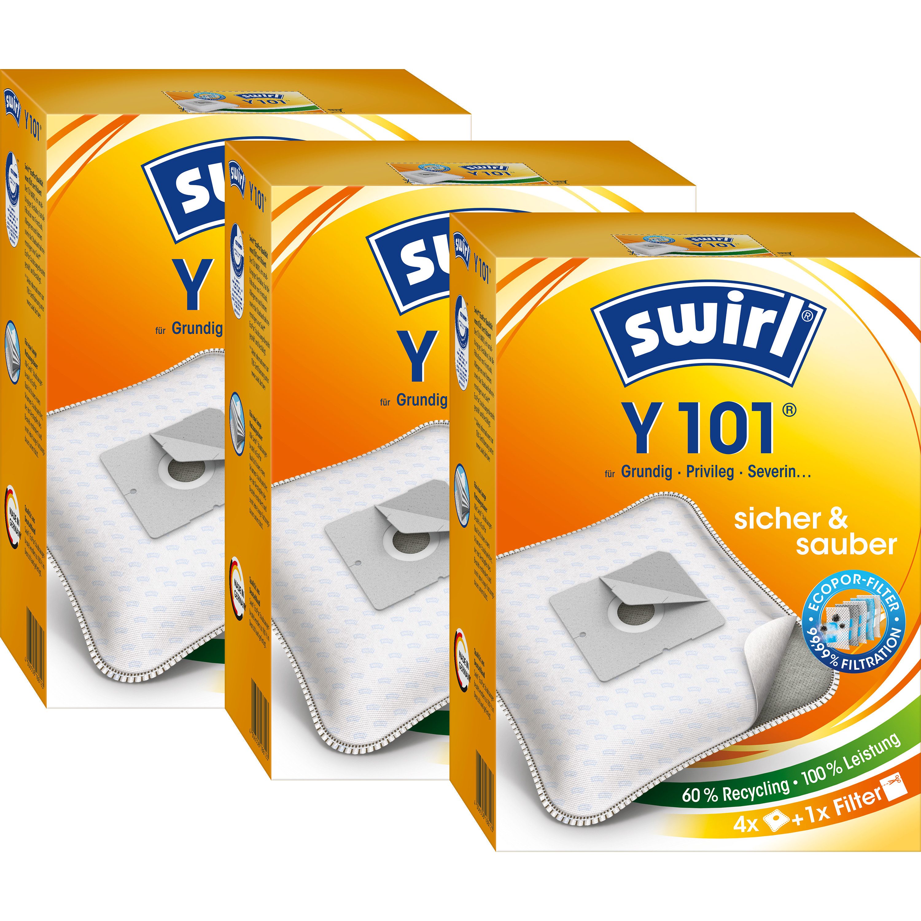 Swirl Пылесборники Y101 EcoPor für Grundig Privileg Severin 3er-Pack 12 Stk, passend für Grundig, Privileg, Severin, 12 St.