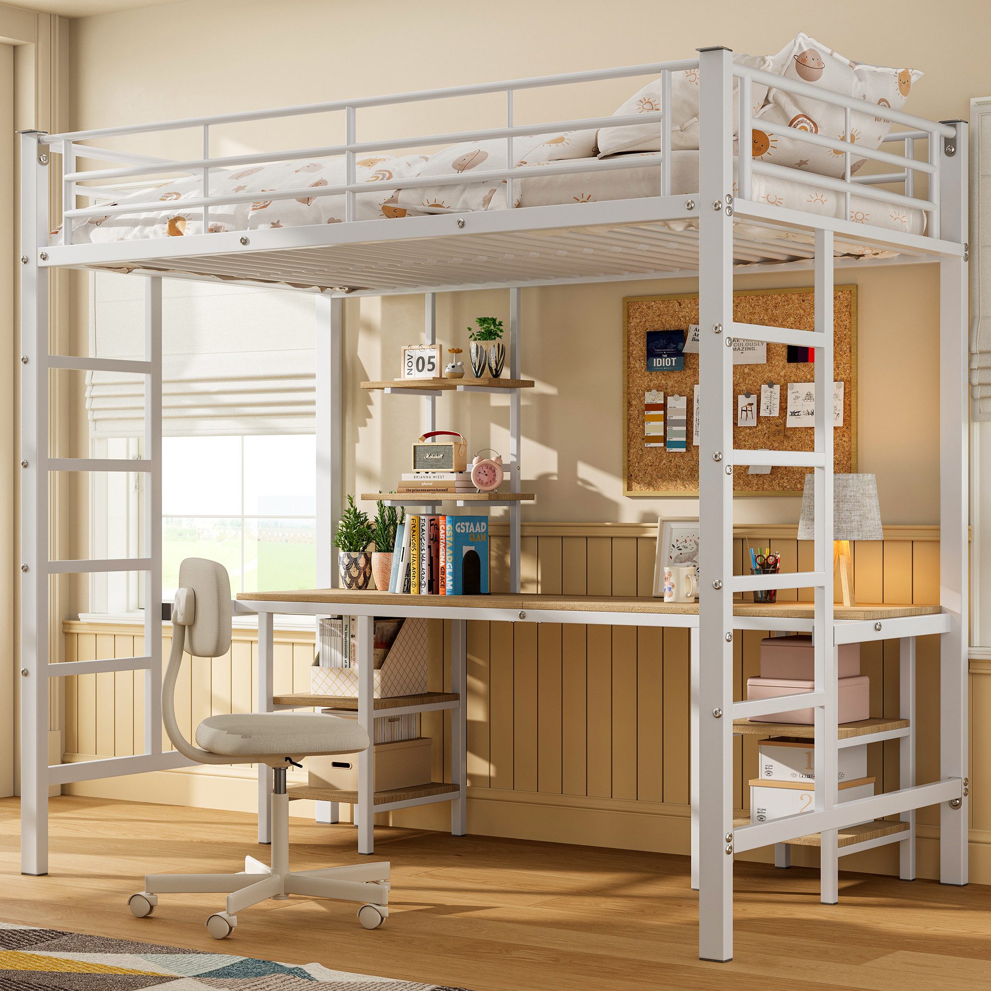 Flieks Hochbett Metallbett Etagenbett mit Tisch, Regalen und Seitenleiter 9 günstig online kaufen