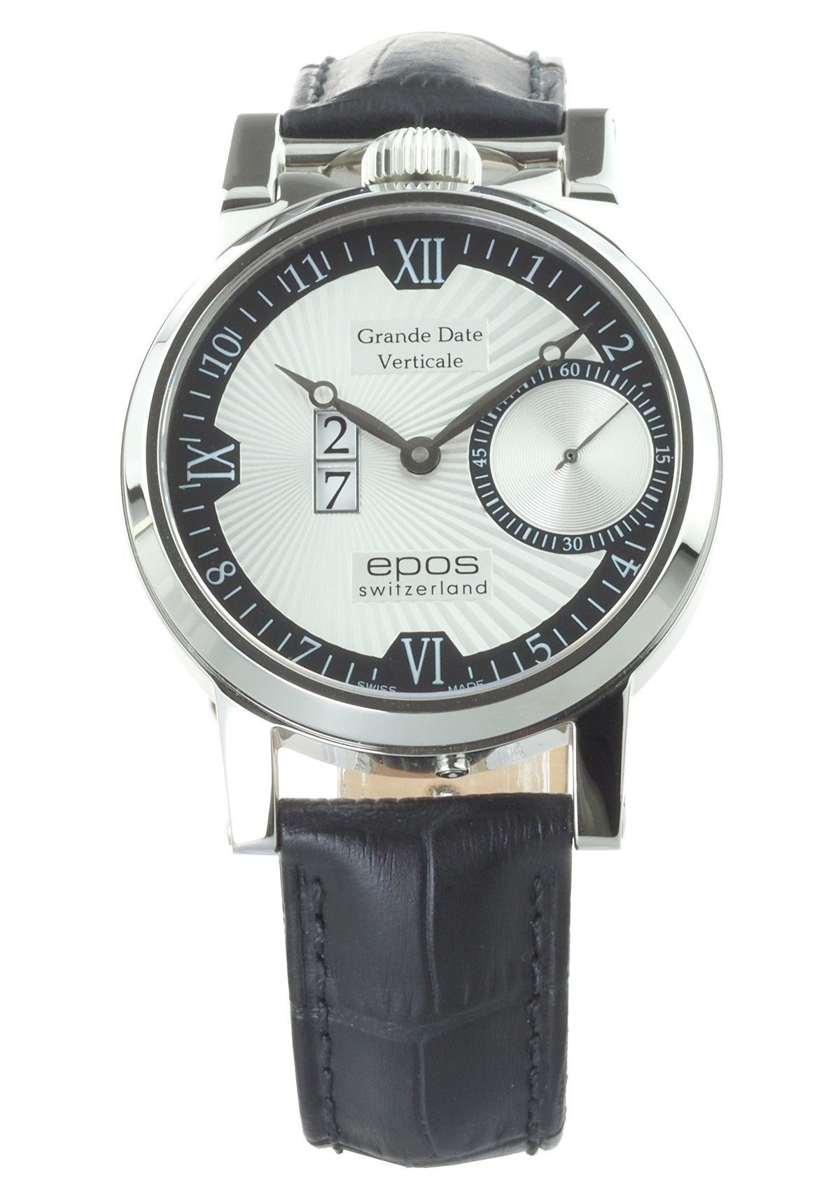 EPOS Mechanische Uhr Swiss Made 3383.618.20.68.25 Sophisticated Herren Uhr Handaufzug, Unitas 6498 Handaufzugswerk, vertikales Datum,Krone auf der "12"