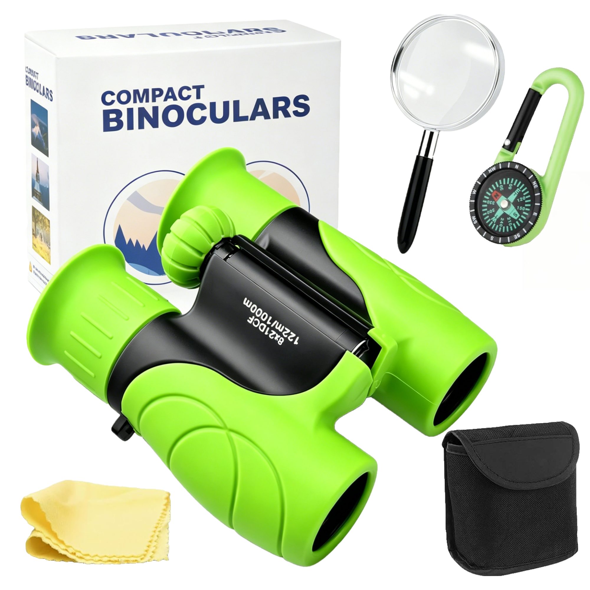 Toomoke Lernspielzeug 8x21 Children's Binoculars,Outdoor-Spielzeug Fernglas für Kinder, Mit Kompass, Lupe und Reinigungstuch, für Kinder 3-12 Jahre, Geschenk