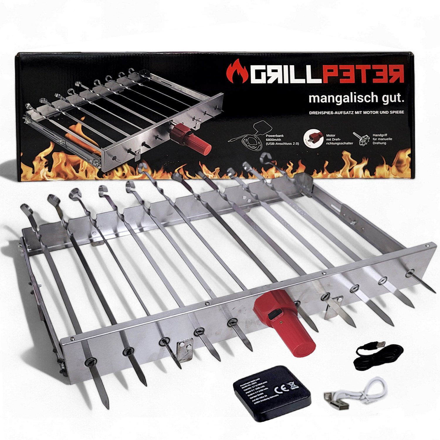 Grillpeter Holzkohlegrill Mangal Set Taschkent Schaschlikgrill mit 11er Drehspieß Spieße Motor – Bild 3 von 5