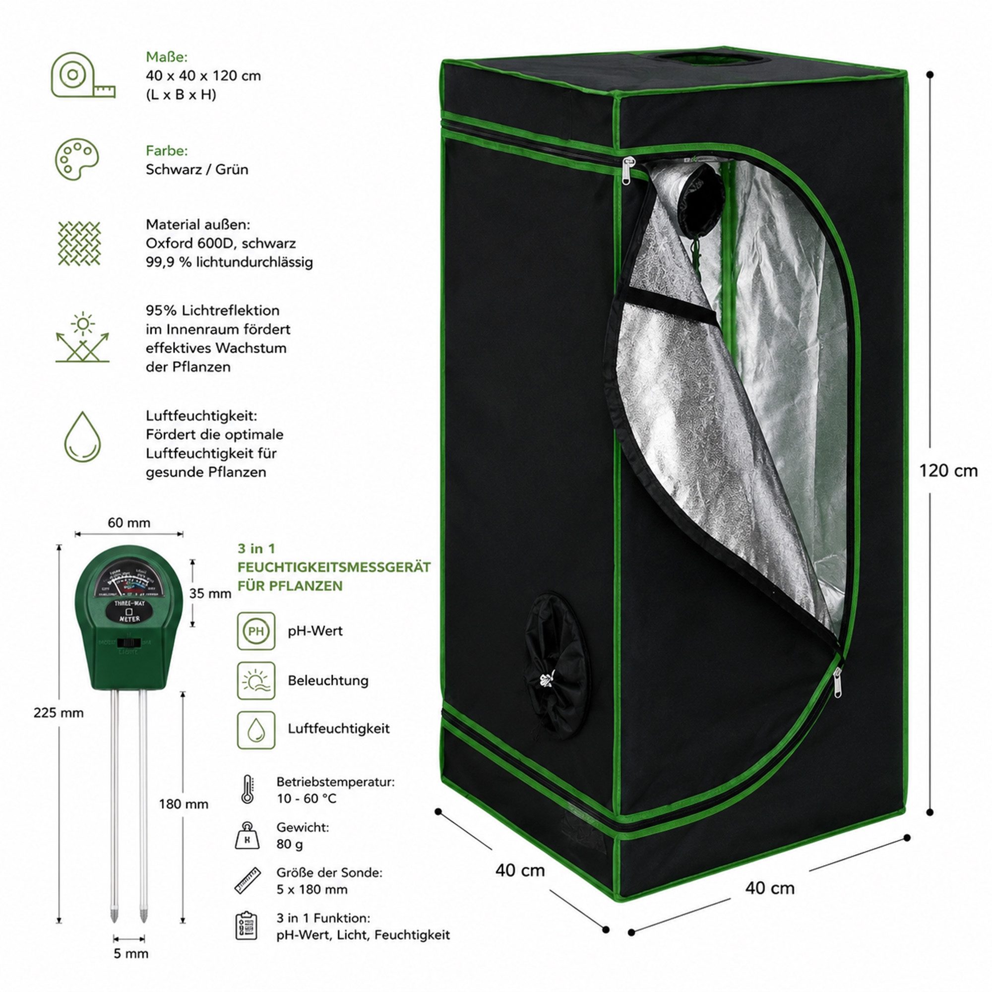 Mucola Gewächshaus Growbox Indoor Gewächshaus Pflanzenzelt Zuchtzelt Growroom Darkroom, Stück, inkl. 3 in 1 Feuchtigkeitsmessgerät für Pflanzen