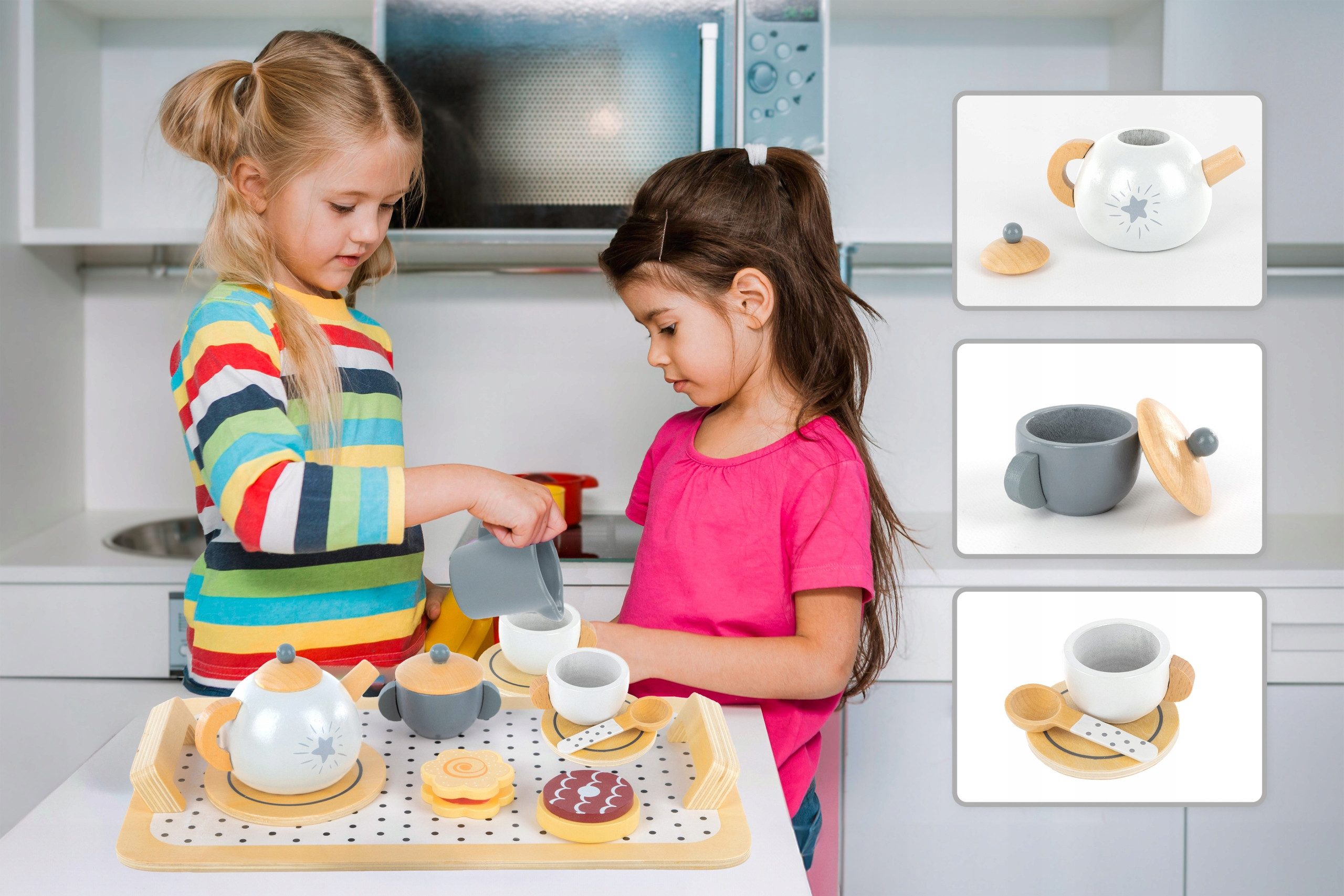 Green Series Spielküche Holz Tee Set für Kinder – 17-teilig – Rollenspiel – Pastellfarben Holz, aus Holz