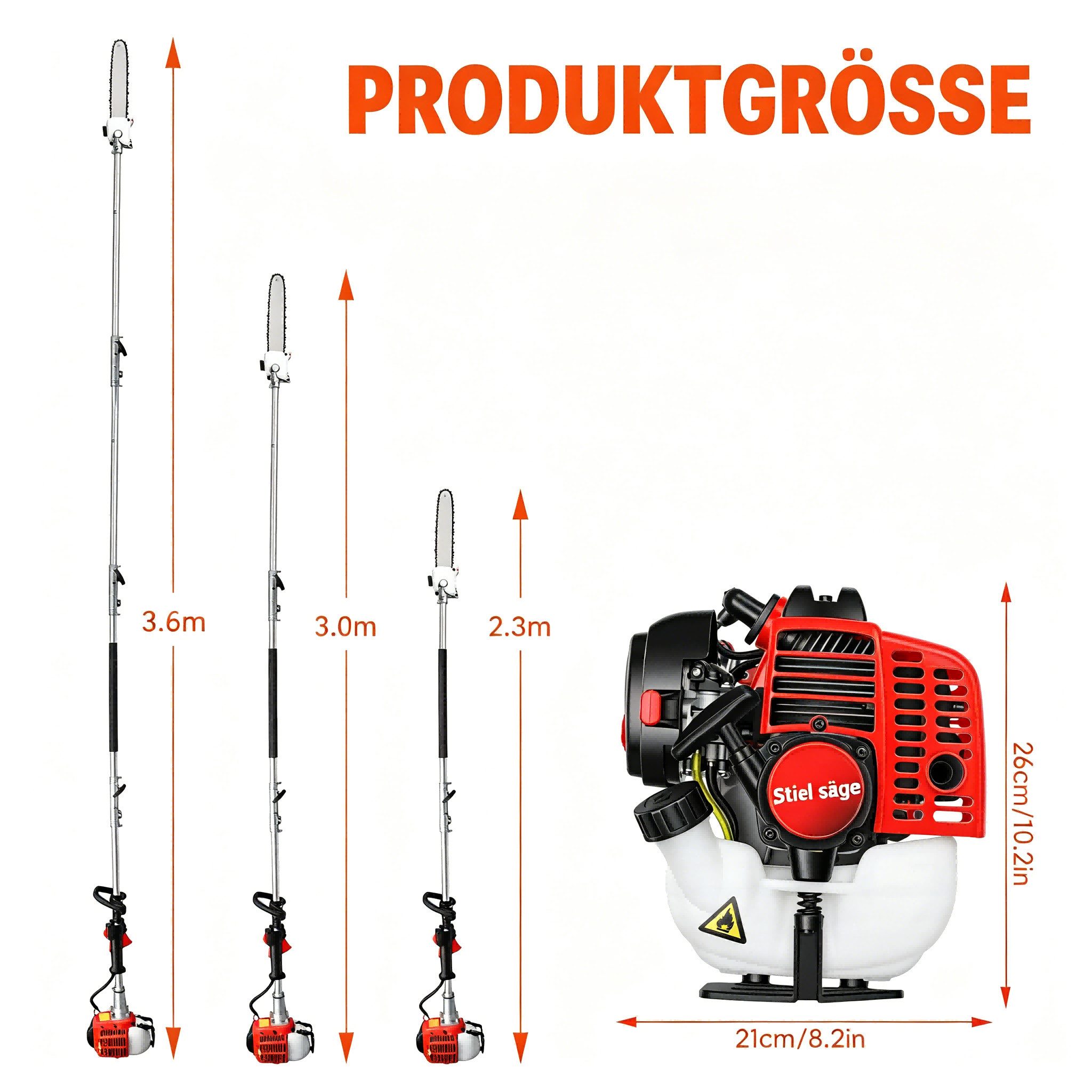 Rutaqian Hochentaster Benzin Hochentaster 26cc, Teleskop Hochentaster 3m, Astsäge 0,65kW, bis 3 m Arbeitshöhe, Motorsäge Teleskop, Garten Hochentaster Benzin kabelloser Hochentaster