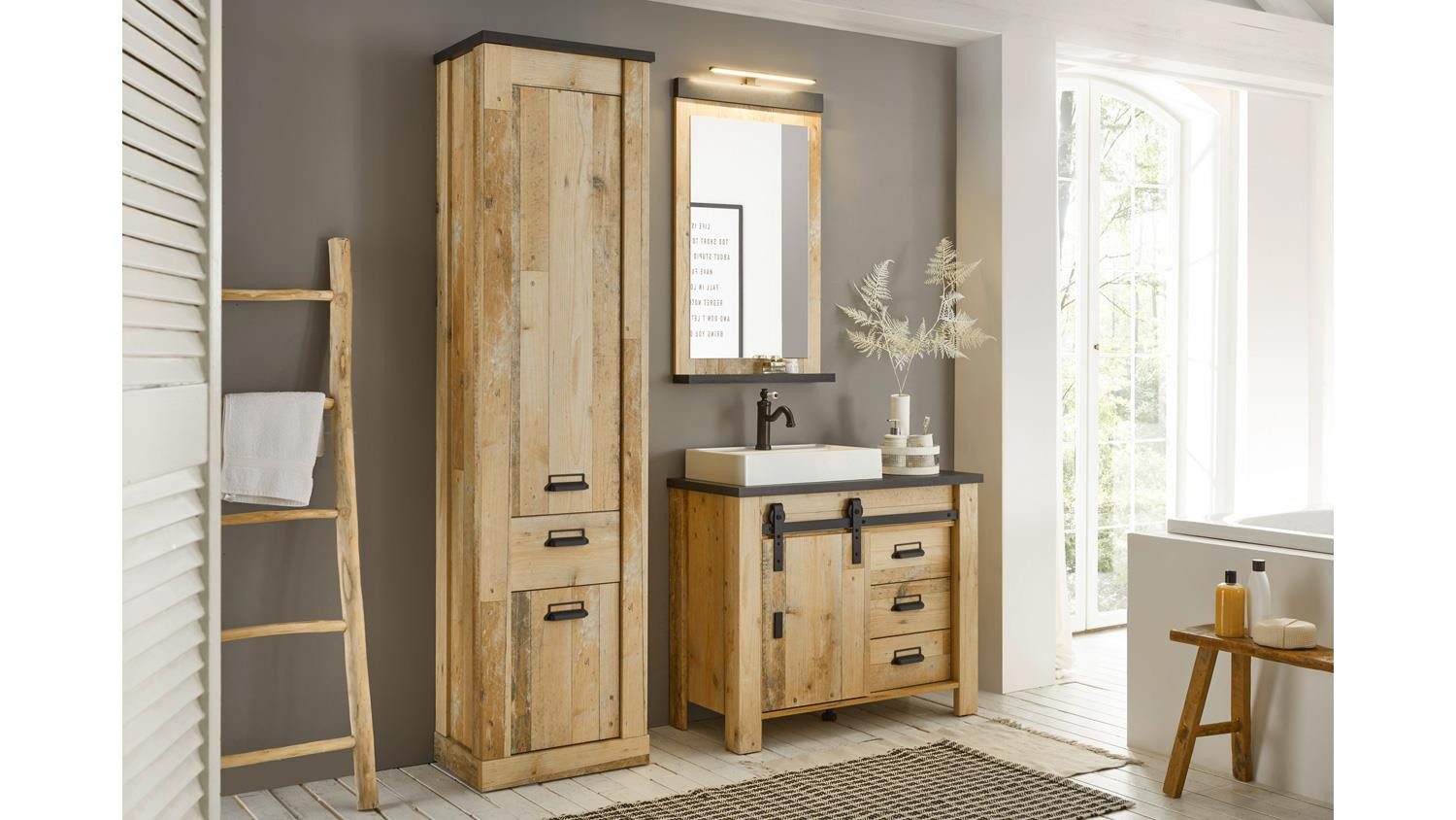 Möbel Akut Badezimmer-Set Badset Sherwood Old Style hell anthrazit inkl. Becken, (3-St)