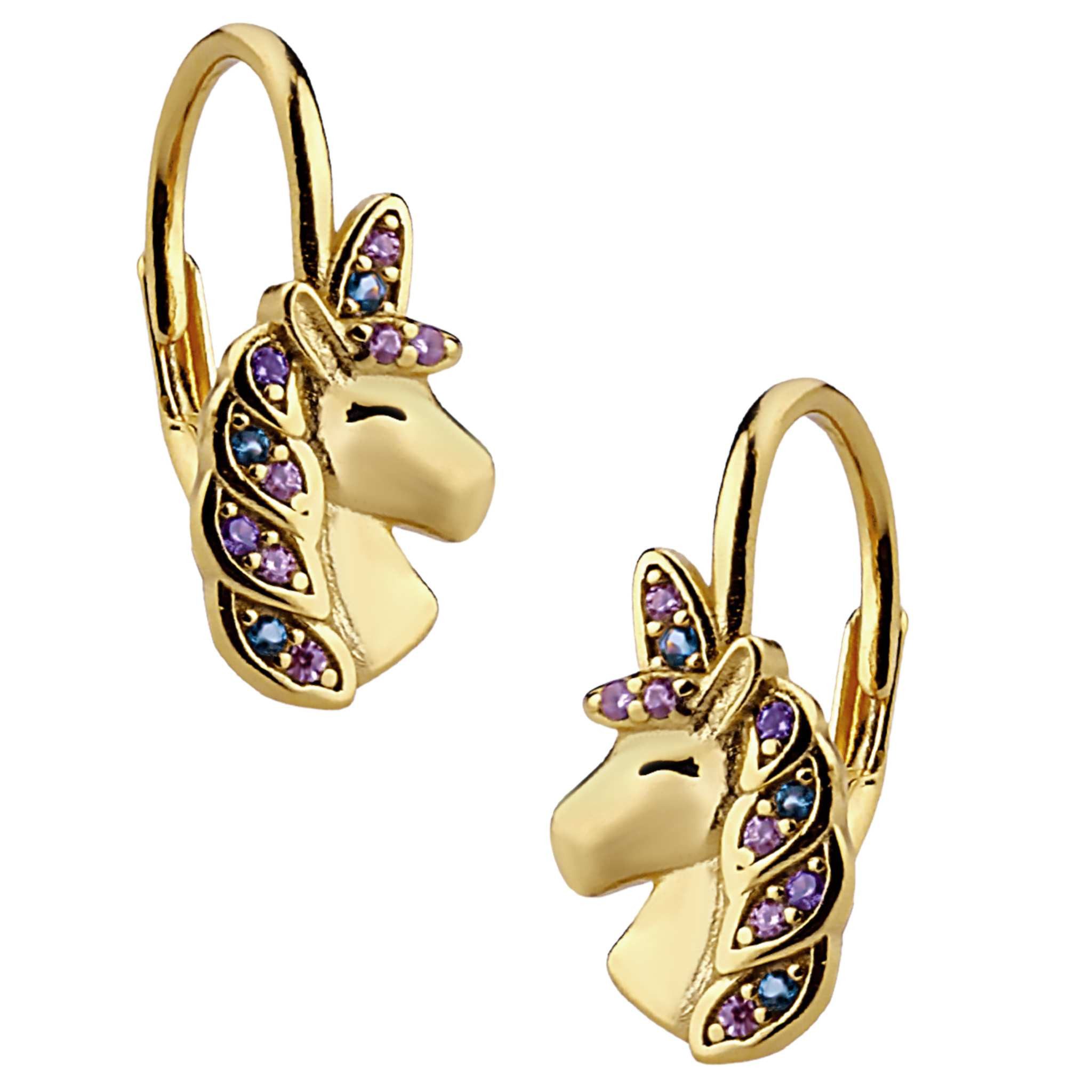 schmuck23 Paar Ohrhänger Kinder Ohrringe Einhorn 925 Silber vergoldet (Geschenkset aus 1 Paar Ohrringen, Set), Kinderschmuck Geschenk