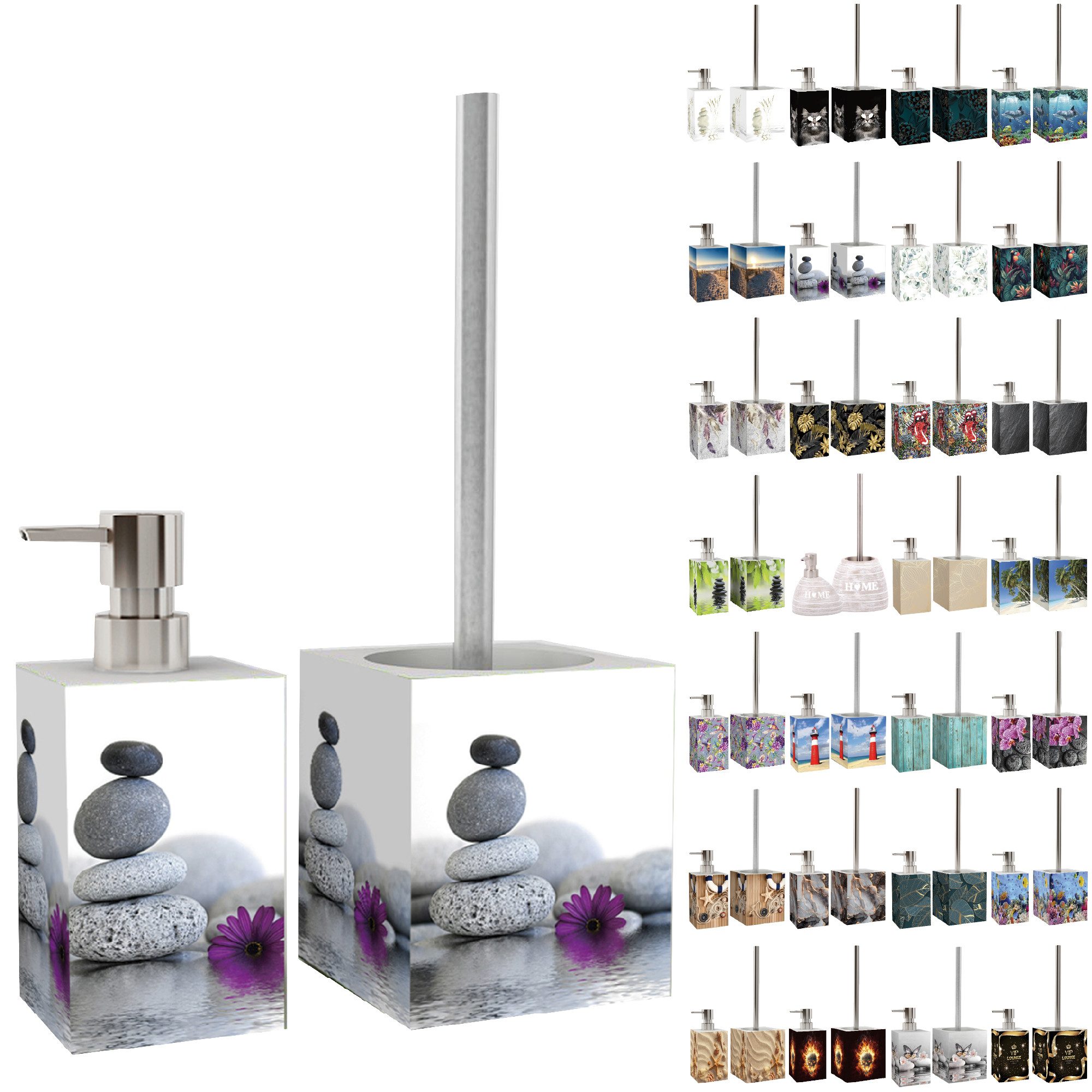 Sanilo Badaccessoire-Set mit Motiv, viele schöne Seifenspender und WC Bürsten zur Auswahl, Klobürste mit auswechselbaren Bürstenkopf, 2 tlg., 2-tlg., Desinfektionsspender mit stabiler Pumpe, hochwertig & modern