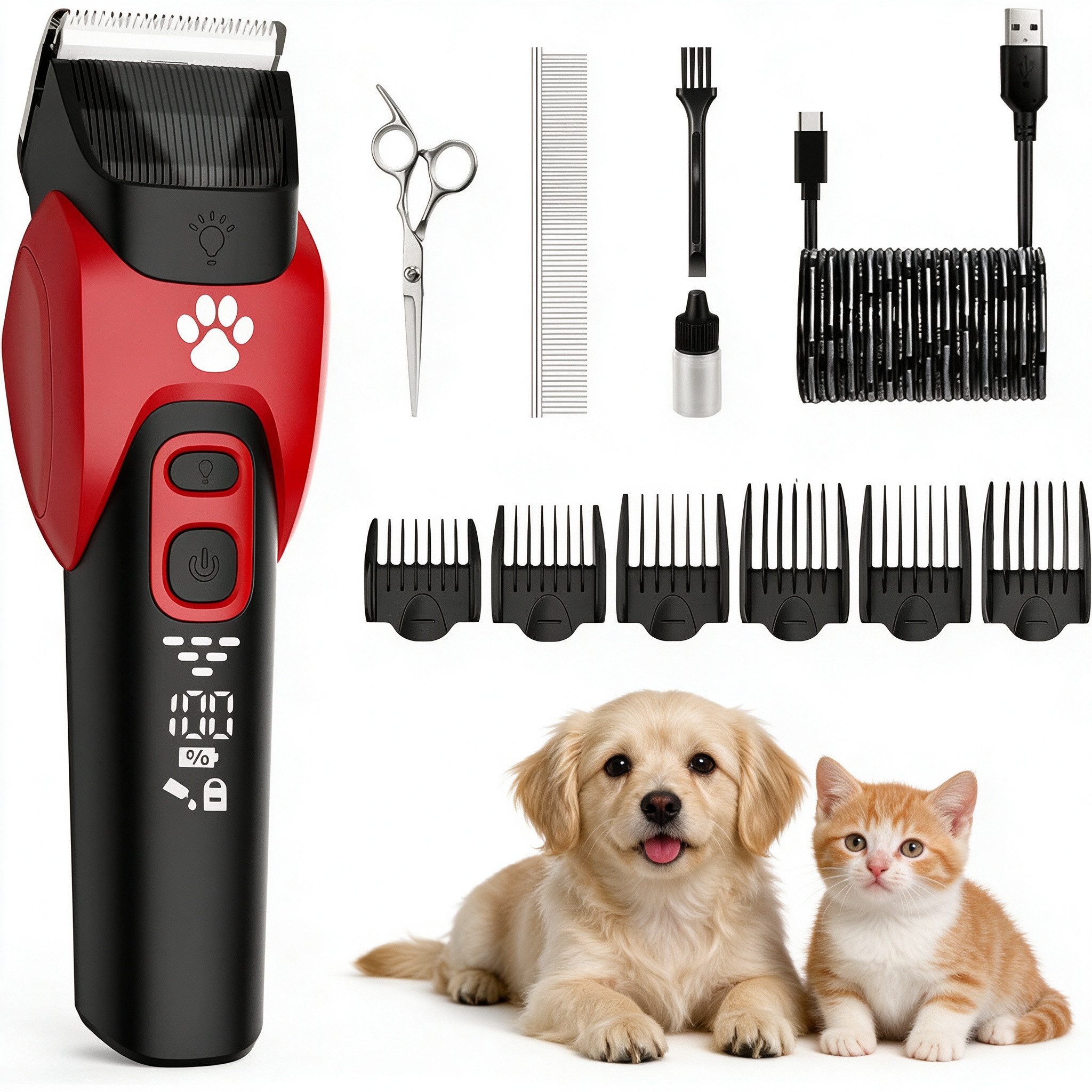 TUWENA Hundeschermaschine Hundeschermaschine, Leise Tierhaarschneider für Hund und Katze, 6 Führungskämme, Keramikklinge, kabellos, LCD-Display, wiederaufladbar