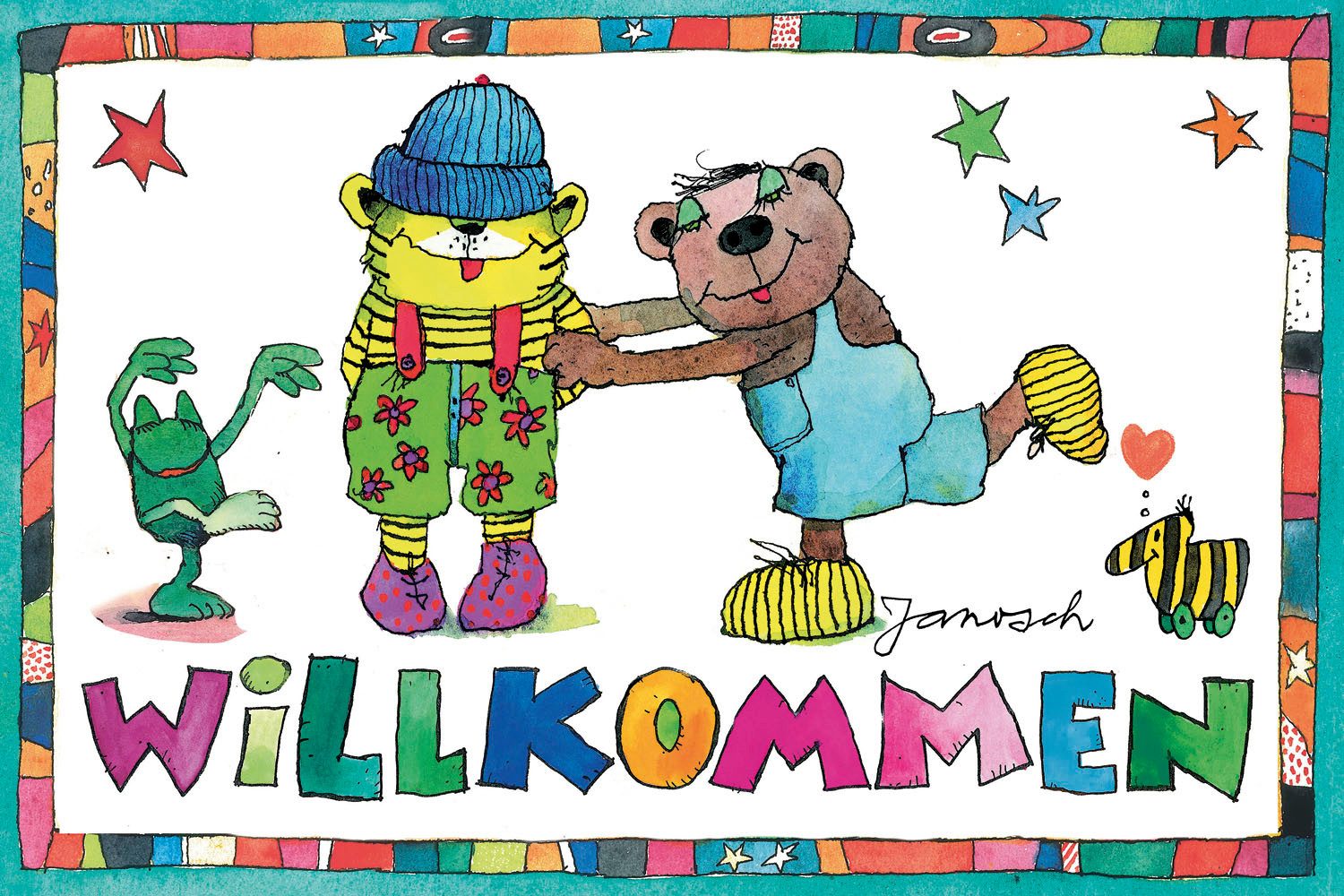 LuckyLinde Leinwandbild Der kleine Tiger und der kleine Bär - Willkommen, Bär, Bären, Ente, Enten, Figuren, Filmfiguren, Frosch, Natur, Schriftzug, Sterne, Teddy, Tiere, Tiger, little star (1 St), Exklusive JANOSCH Kindermotive