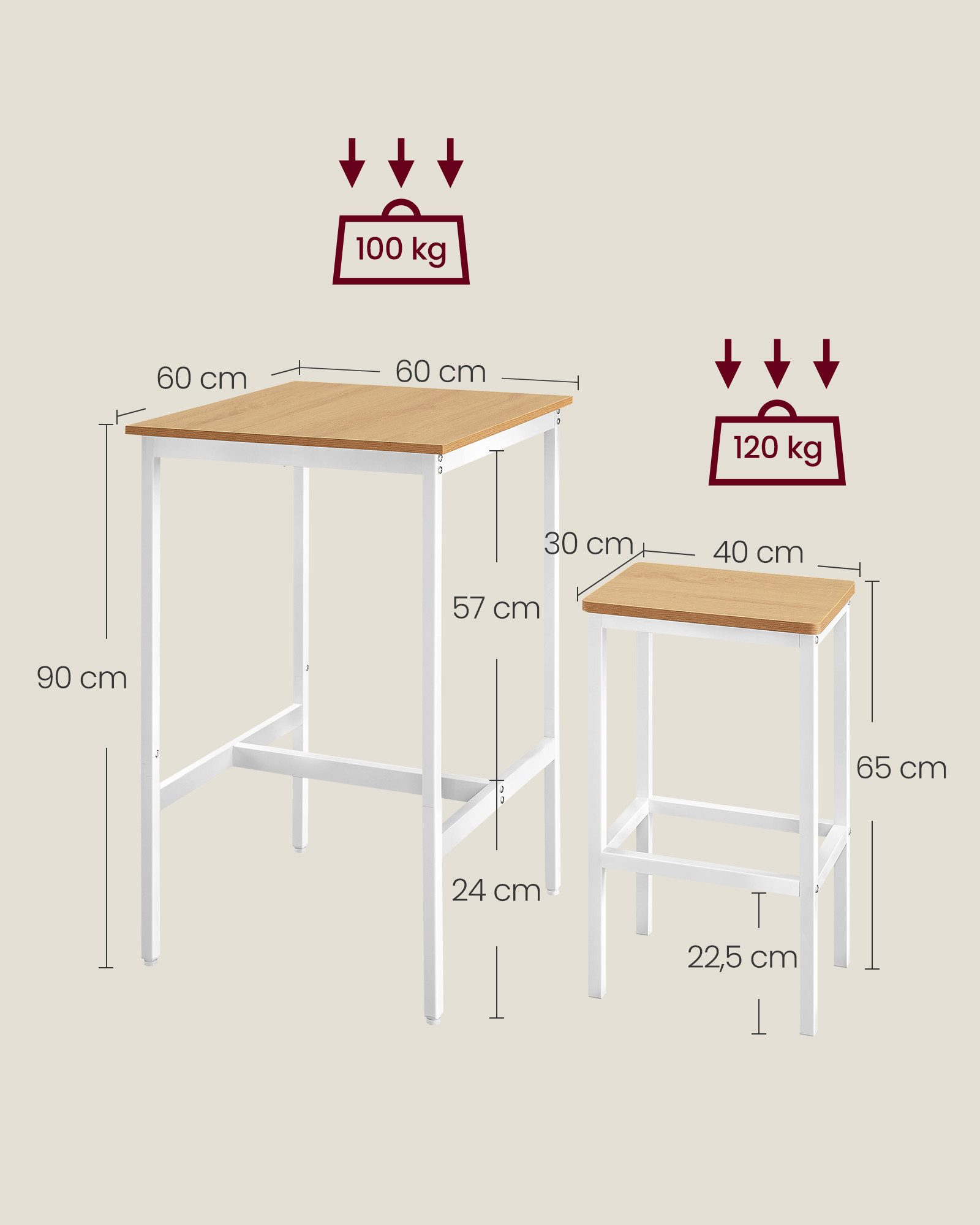 VASAGLE Bartisch Bartisch-Set, Esstisch(60 x 60 x 90 cm) mit 2 Barhochern günstig online kaufen