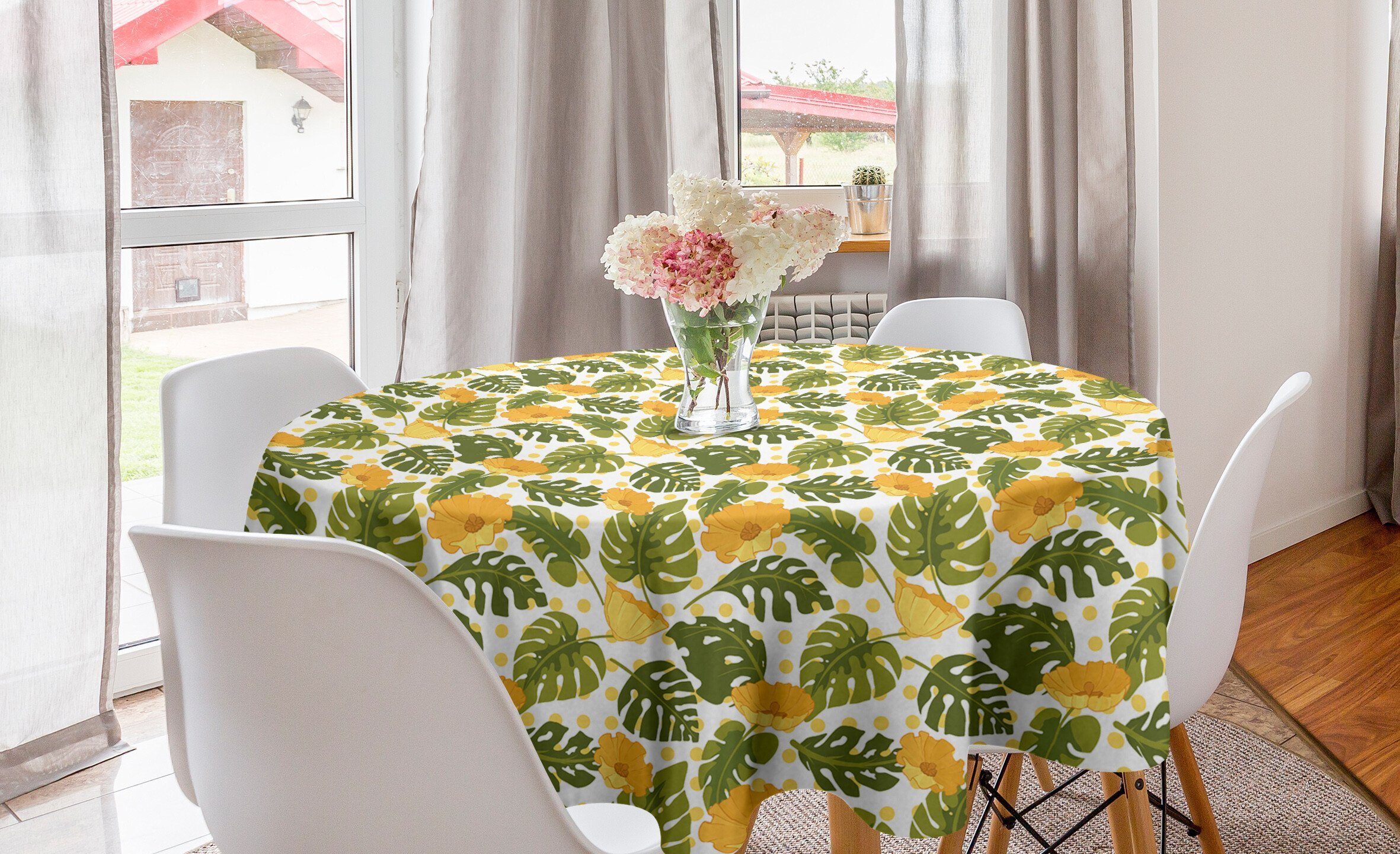 Abakuhaus Tischdecke Kreis Tischdecke Abdeckung für Esszimmer Küche Dekoration, Blätter Monstera Blätter und Blüten | Tischdecken
