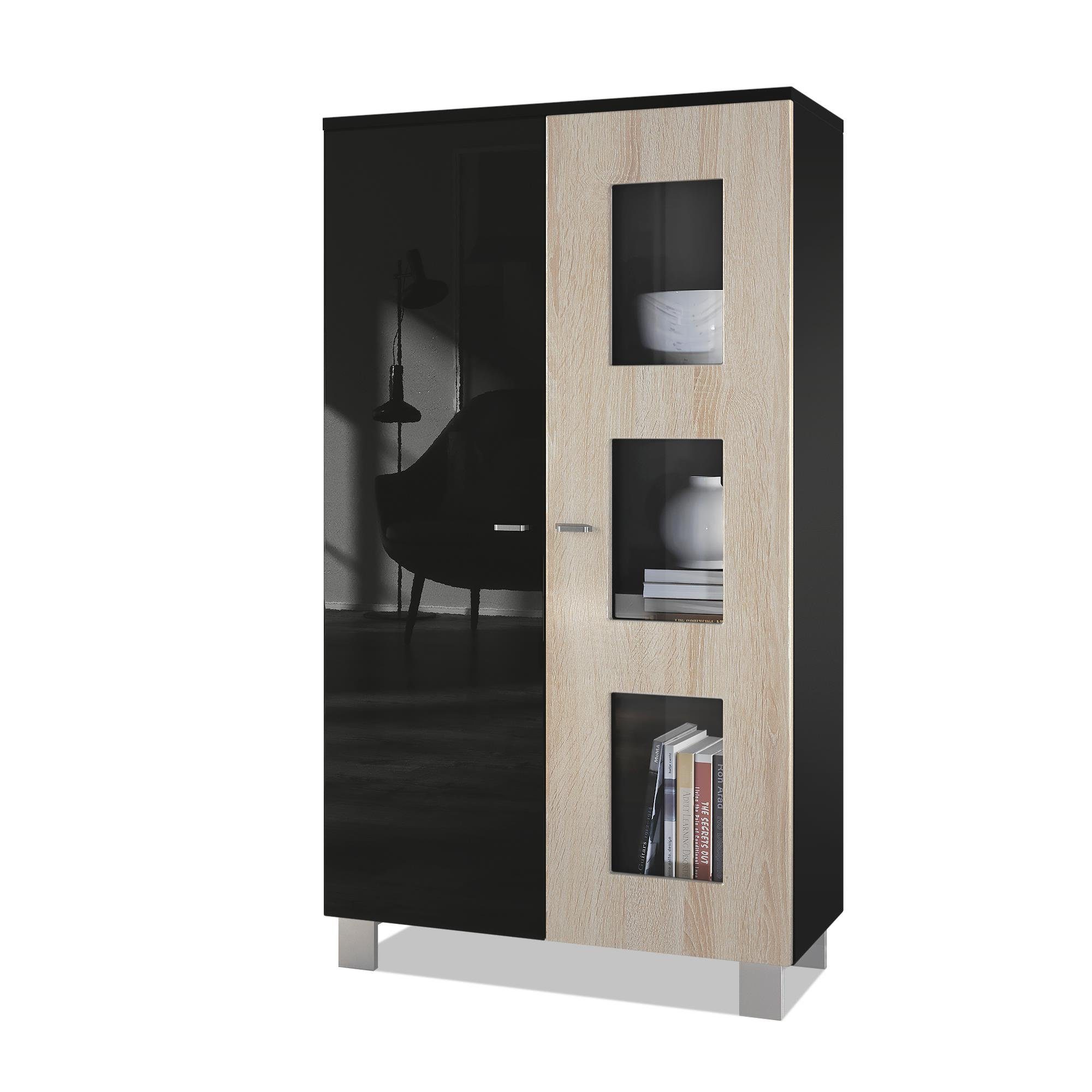 Vladon Standvitrine Denjo (Standvitrine, mit 2 Türen und 3 Glaseinsätzen) Schwarz matt/ Schwarz Hochglanz/ Eiche Sägerau (71 x 129 x 35 cm)