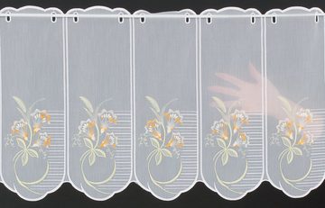 Scheibengardine nach Maß bestickte Blüten, Verdi, Stangendurchzug, transparent, Kurzgardine, Wunschmaß, Stablöcher, transparent, verschiedene Höhen und Farben