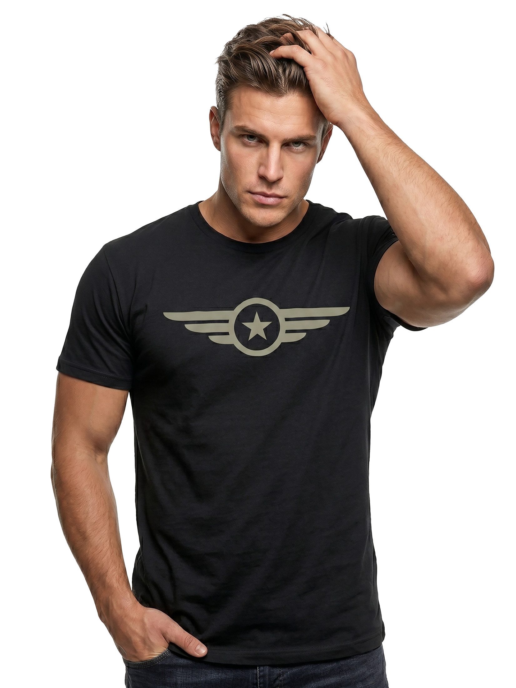 MAKAYA T-Shirt Printshirt für Herren im US Army Look mit Air Force Veteranen Motiv (Schwarz, Blau, Grün, Blaugrau, Dunkelgrau, S, M, L, XL, XXL, 3XL, 4XL, 5XL) Baumwolle