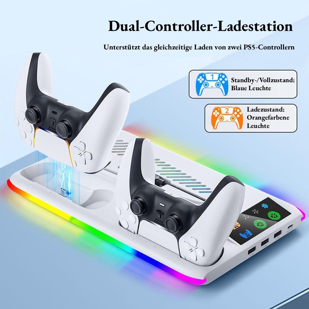 BBG PS5 Kühlständer für PS5 / PS5 Slim / PS5 Pro Ladestation (2800 mA, mit Headset-Halter & USB-Hub, Geräuscharm Lüfter, für PS5, PS5 Slim und PS5 Pro (Digital & Disc), mit Dual-Controller-Ladestation, RGB-Beleuchtung)