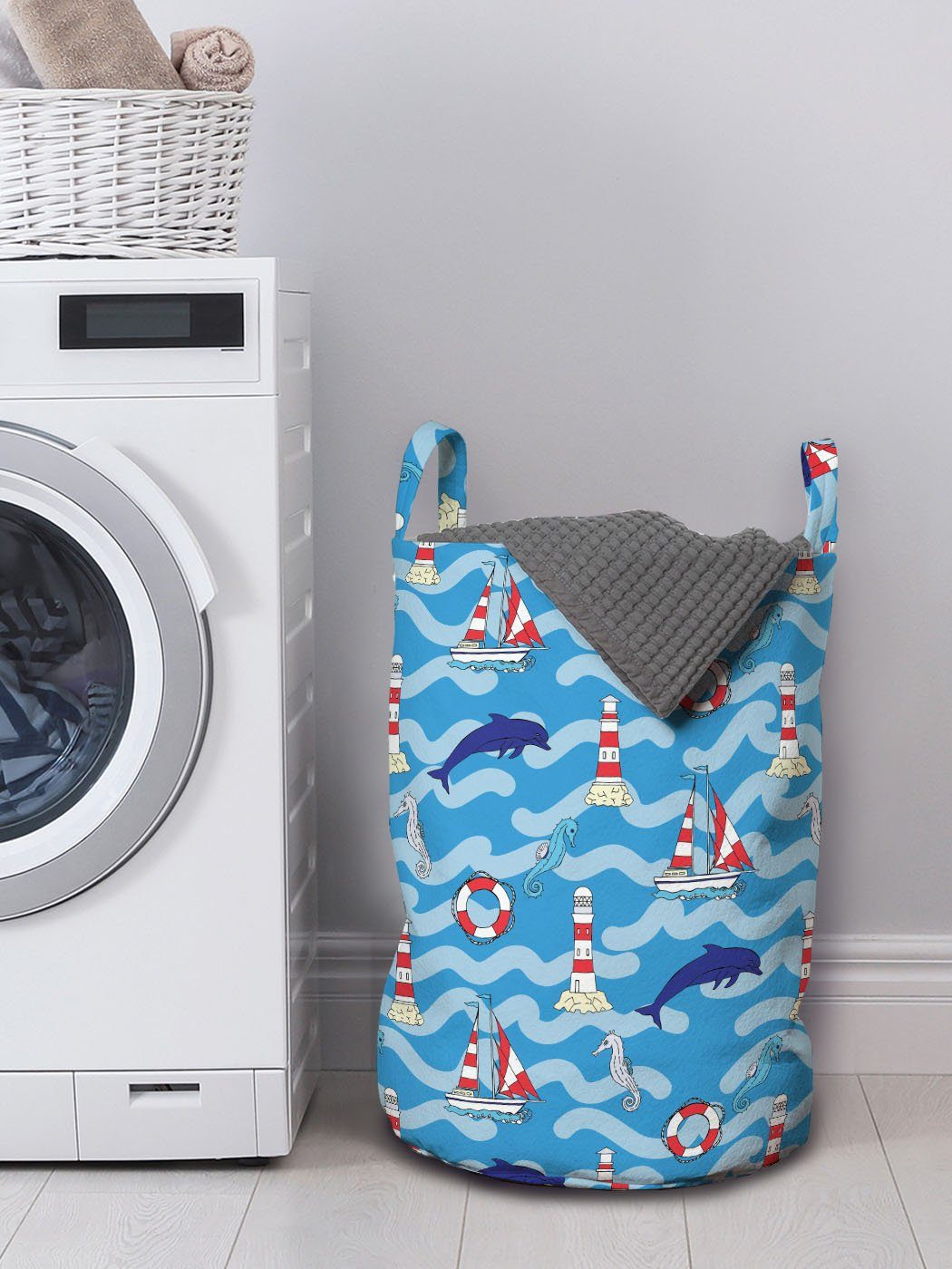 Abakuhaus Wäschesäckchen Wäschekorb mit Griffen für Linien Dolphins Gewellte Waschsalons, Kordelzugverschluss Leuchtturm