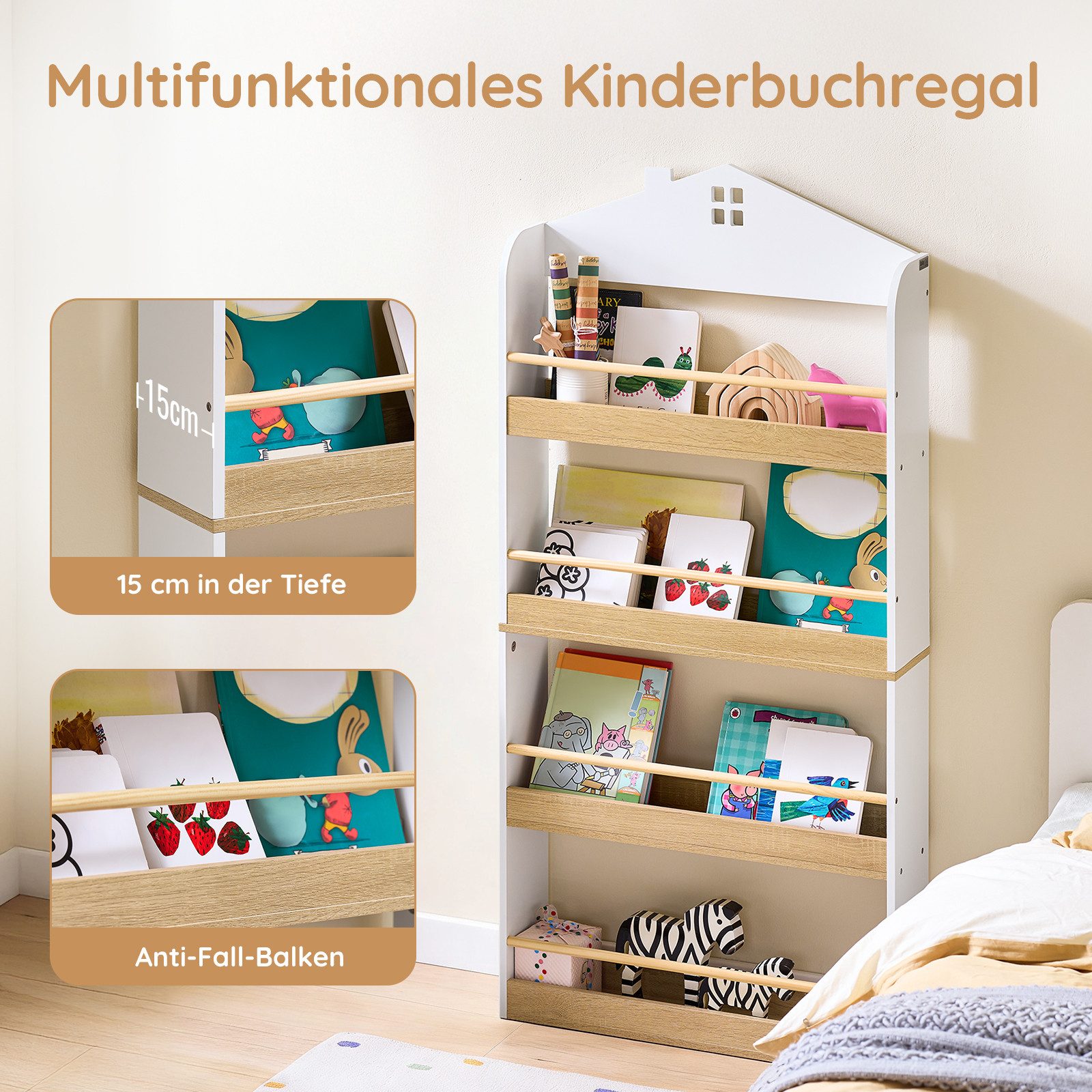SoBuy Kinderregal KMB121, Spielzeugtruhe Bücherregal Kinder, Aufbewahrungsregal, Wandregal mit 4 Ebenen, Montessori Regal, Spielzeugregal Kinderzimmer