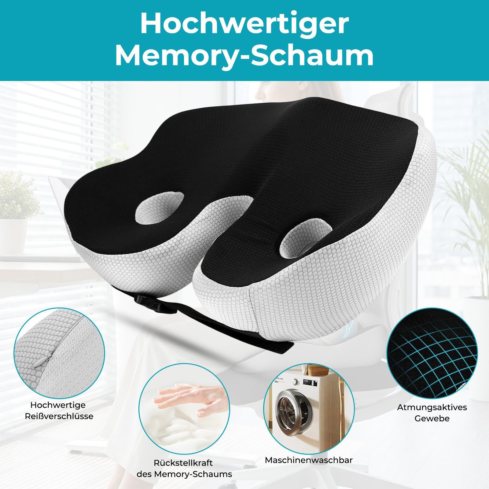 Toomoke Sitzkissen Steißbeinkissen, Stuhlkissen aus Memory Foam, Sitzpolster für Bürostuhl, Autositz, Rollstuhl und Homeoffice – Bild 5 von 5