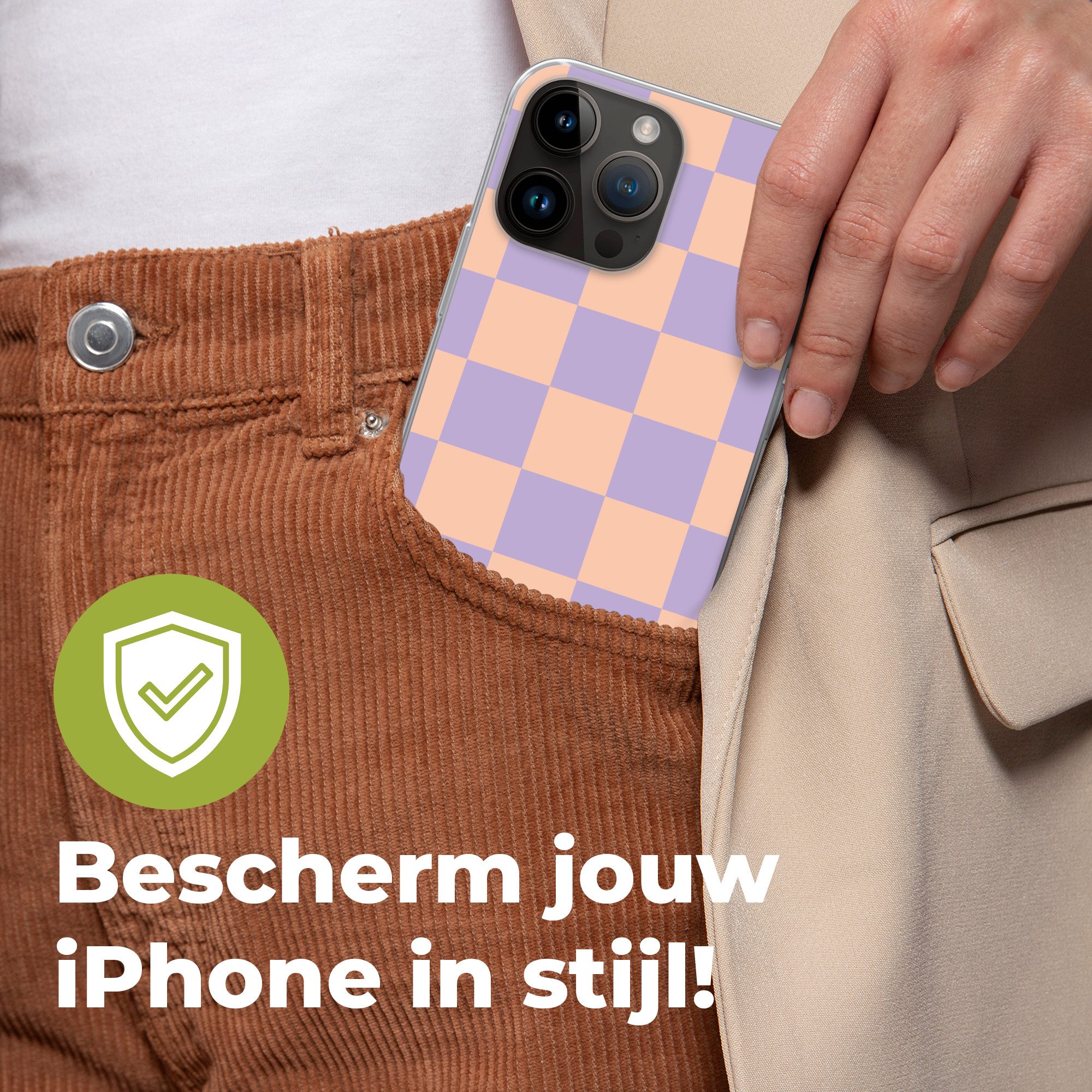 MuchoWow Handyhülle für Apple iPhone 14 Pro Max Schachbrettmuster - Lila - Rosa - Würfel, Smartphone-Bumper, Print, Handy Schutzhülle Dünn