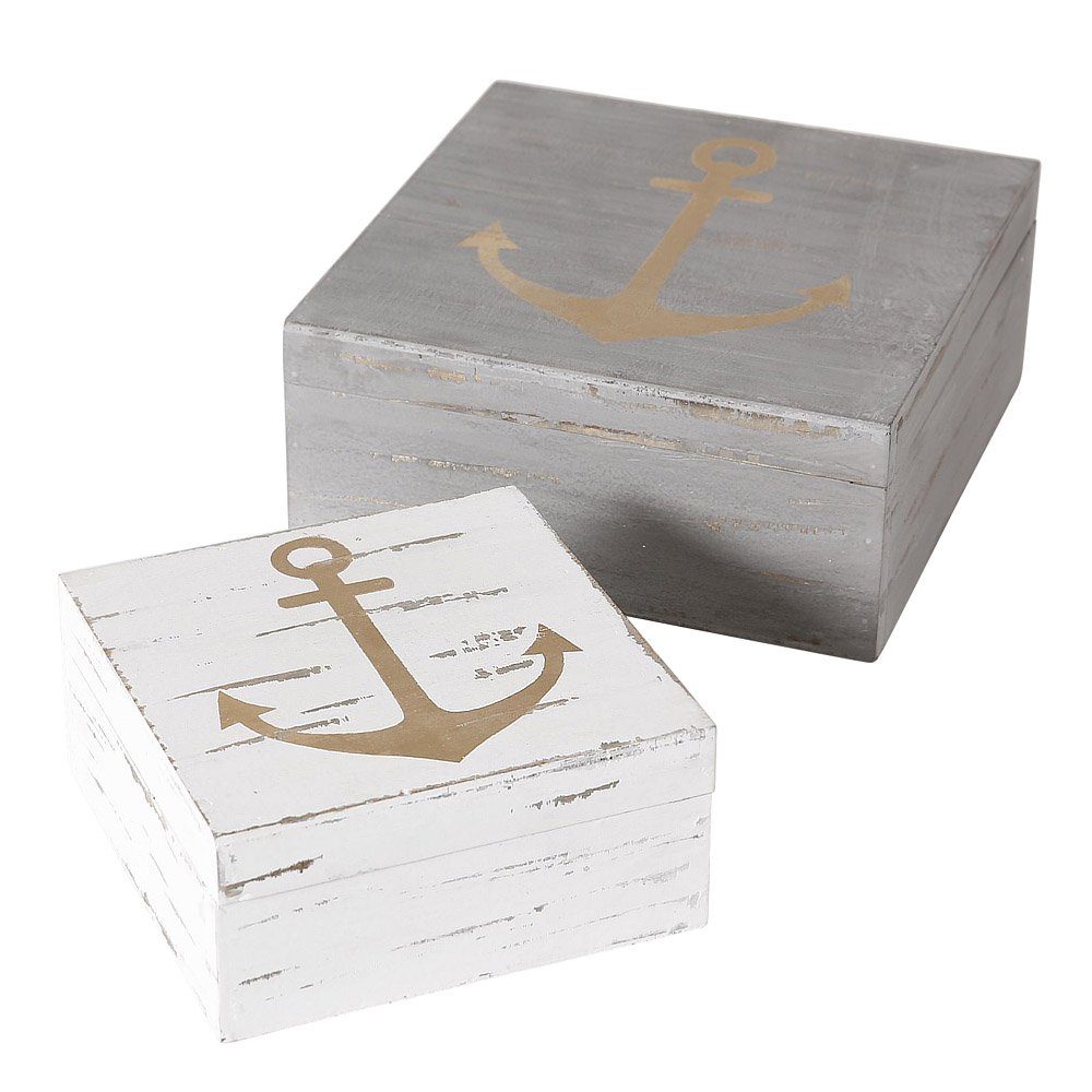 BOLTZE Aufbewahrungskorb »2tlg. Box ANCHOR grau weiß gold Holz