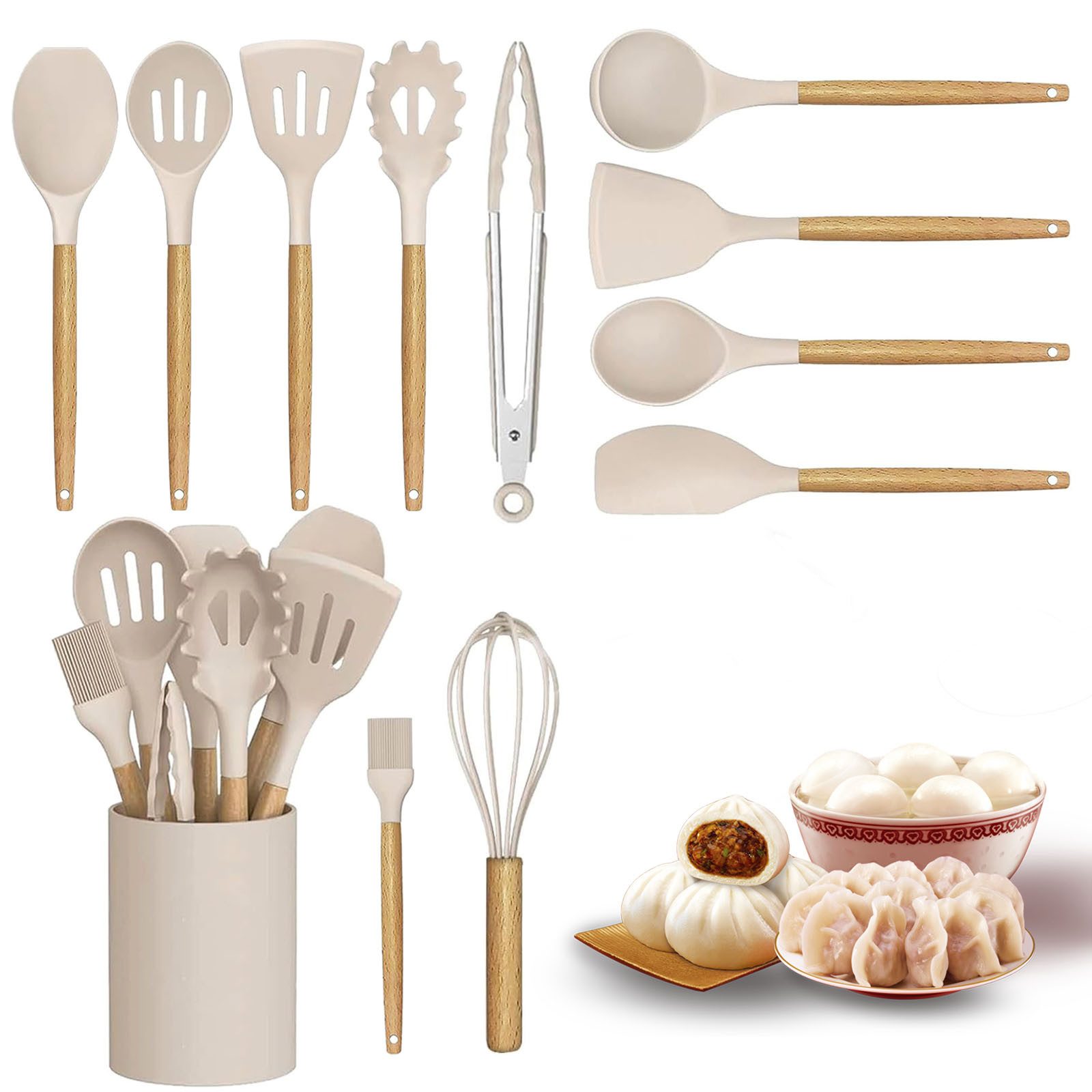 STILVORA Kochbesteck-Set 12er Silikon Küchenutensilien Küchenhelfer-set,Kochbesteck-set (mit Hitzebeständigem Holzgriff und Aufhängeschlaufe, 12-tlg., Kochbesteck, Küchen Utensil Set, Silikon und Holz, Kochutensilien), BPA-frei für Kochen Braten Schöpfen Mischen und Backen usw