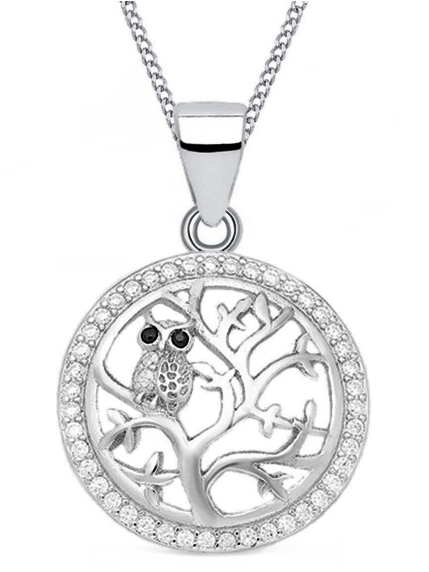 Goldene Hufeisen Kette mit Anhänger Lebensbaum mit Eule Halskette aus 925 Sterling Silber mit Zirkonia (2-tlg, inkl. Etui), Rhodiniert