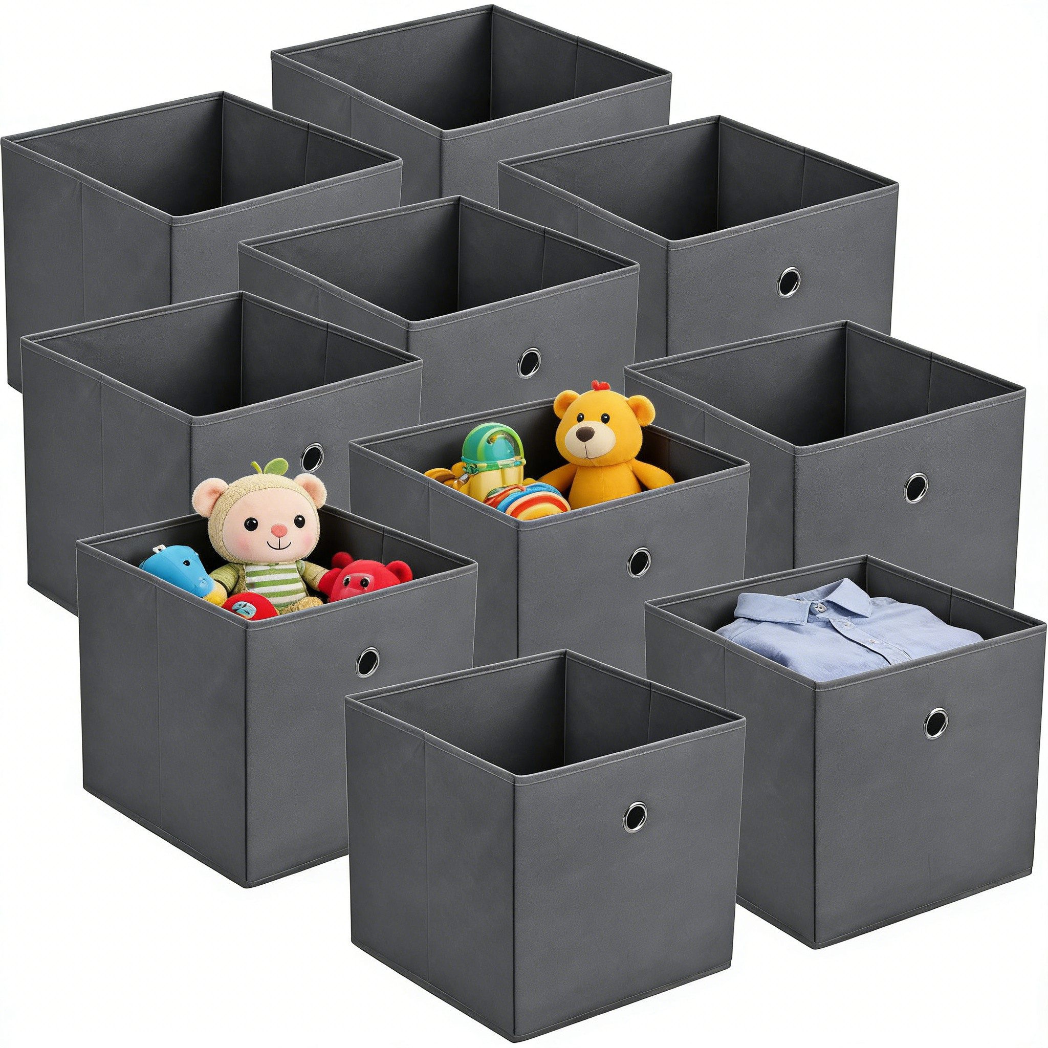 BlingBin Aufbewahrungsbox 32x32x32 cm Aufbewahrungskörbe, 10er Set Faltboxen aus Vliesstoff (10er Set, 10 St., 10 Stück), Klappbar Stoffboxen für Spielzeug und Kleidung, Dunkelgrau