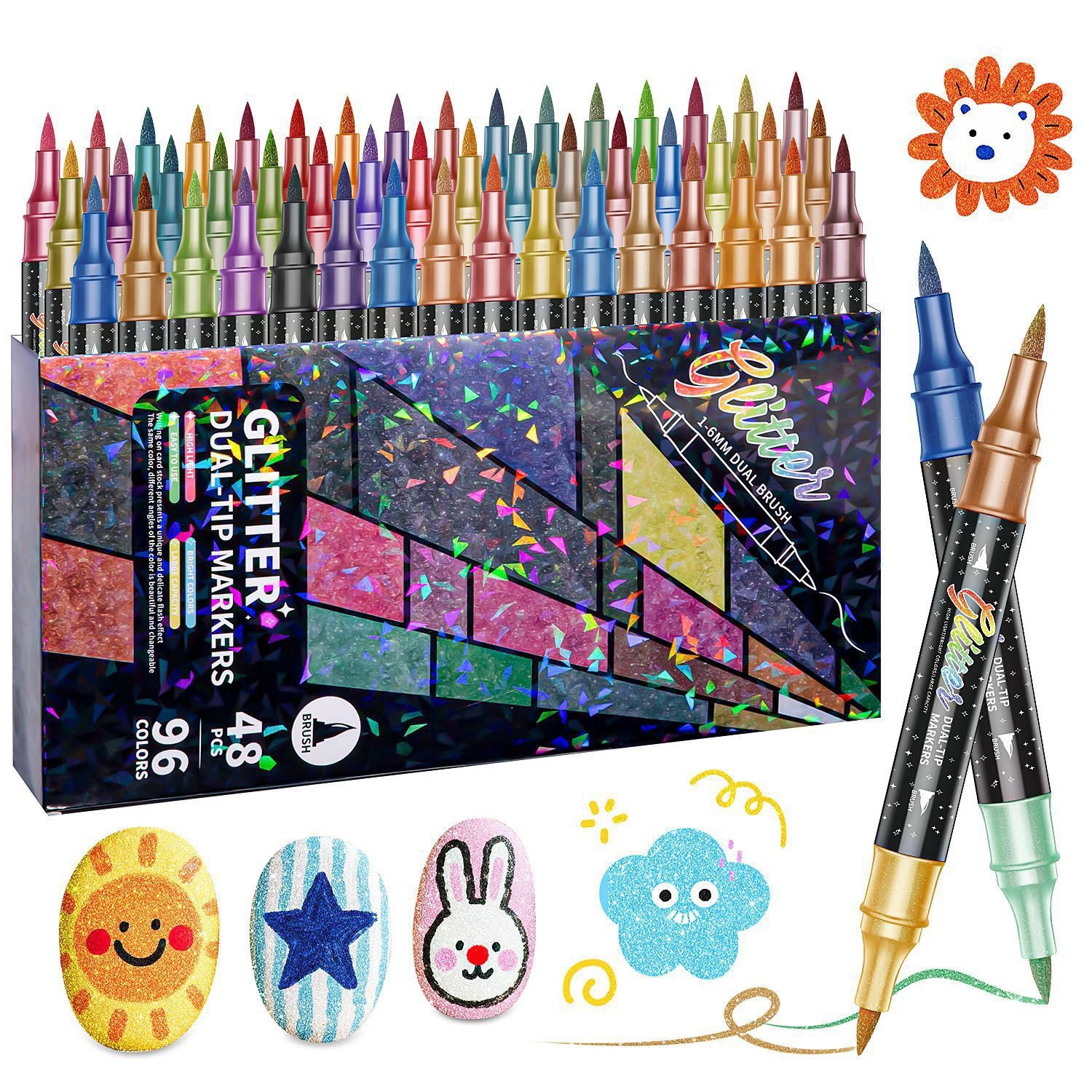 Agger Marker Glitzerstifte Set mit Doppelspitze – Metallische Filzstifte, (48-tlg), für DIY, Karten, Malbücher, Scrapbooking & Handlettering