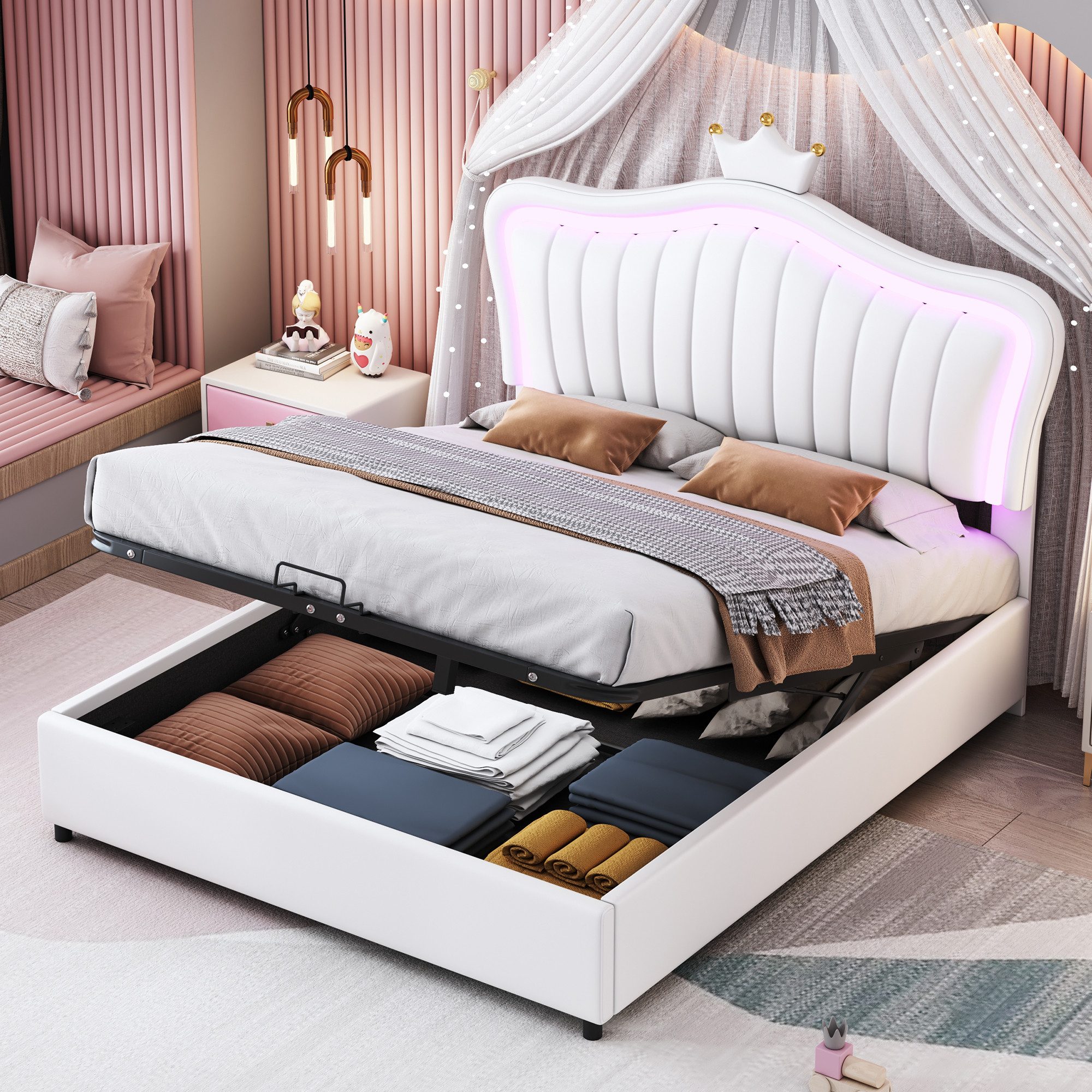 REDOM Polsterbett Bett Kinderbett Polsterbet Gästebett (hydraulisches Stauraumbett, Kronen-Mädchen-Einzelbettgestell aus kunstleder, mit LED-Leuchten, Lattenrost und Rückenlehne), Ohne Matratze