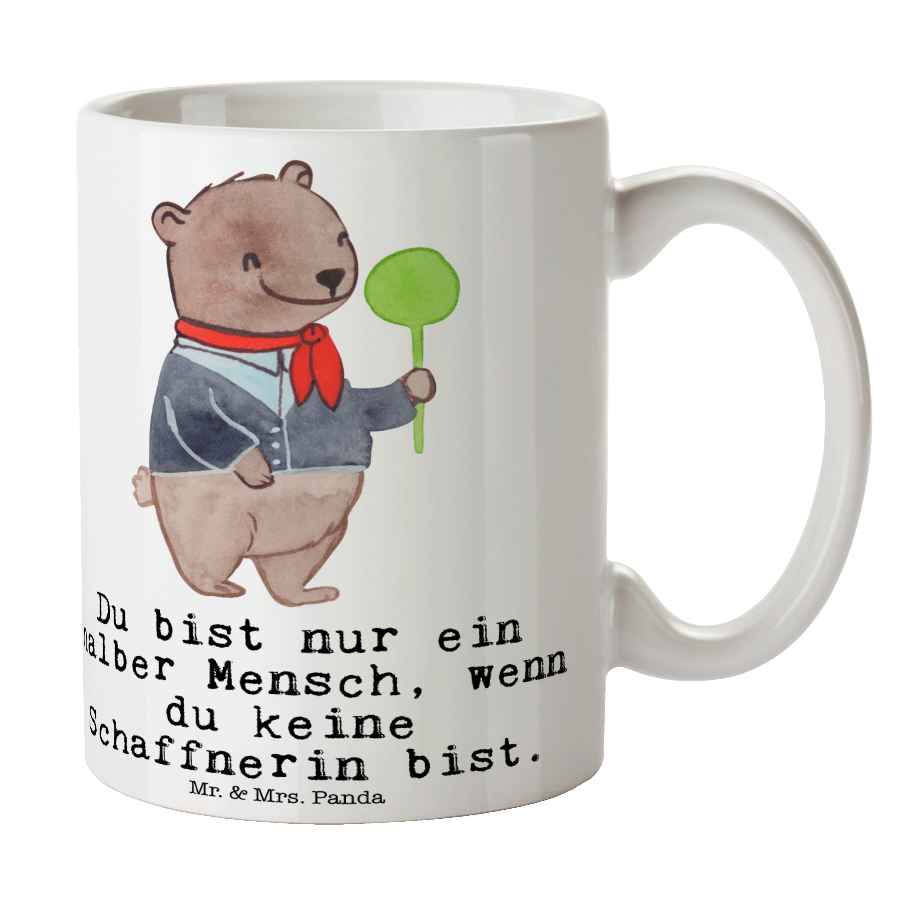 Mr. & Mrs. Panda Tasse Schaffnerin mit Herz - Weiß - Geschenk, Kaffeetasse, Keramiktasse, Re, Keramik