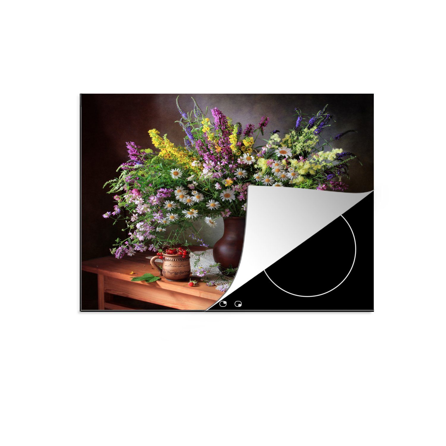 MuchoWow Herdblende-/Abdeckplatte Blumen - Tisch - Stilleben - Blumenstrauß - Vase, Vinyl, (1 tlg), 57x51 cm, Induktionsschutz, Induktionskochfeld, Ceranfeldabdeckung