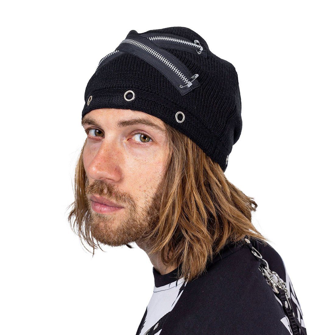 Heartless Beanie Ditch Hat Schwarz Punk Zips Gothic Nieten Reißverschluss Ösen