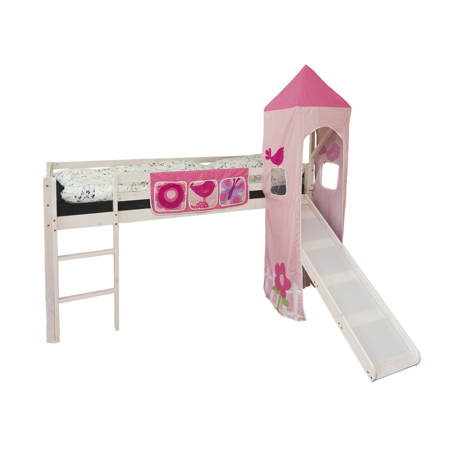 Homestyle4u Hochbett Kinderbett Spielbett 90x200 cm Turm Rutsche Rosa