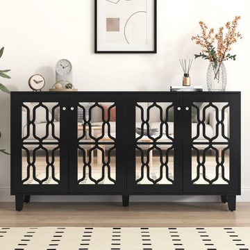 REDOM Sideboard Anrichte (mit Spiegelelementen und geometrischem Trellis-Muster, Anrichte, B/H/T: 1160 x 84x 40 cm), Kommode mit vier Schubladen und Spiegelfront