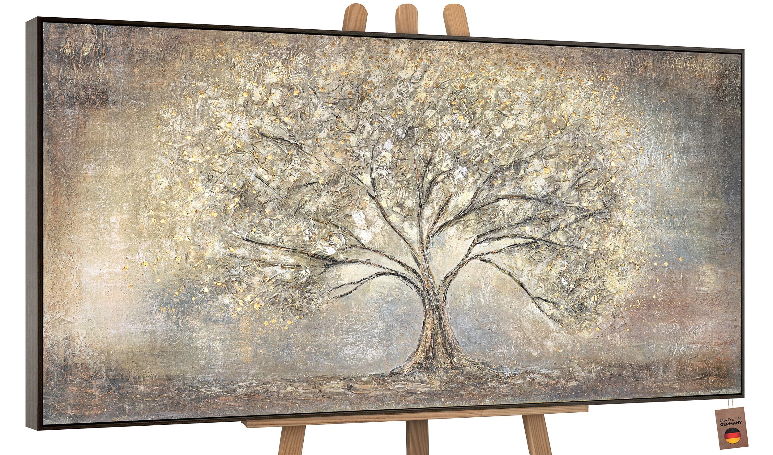 YS-Art Gemälde Goldbaum, Abstrakte Bilder, Leinwand Bild Handgemalt Gold Baum Stammbaum Braun Mit Rahmen in Grau