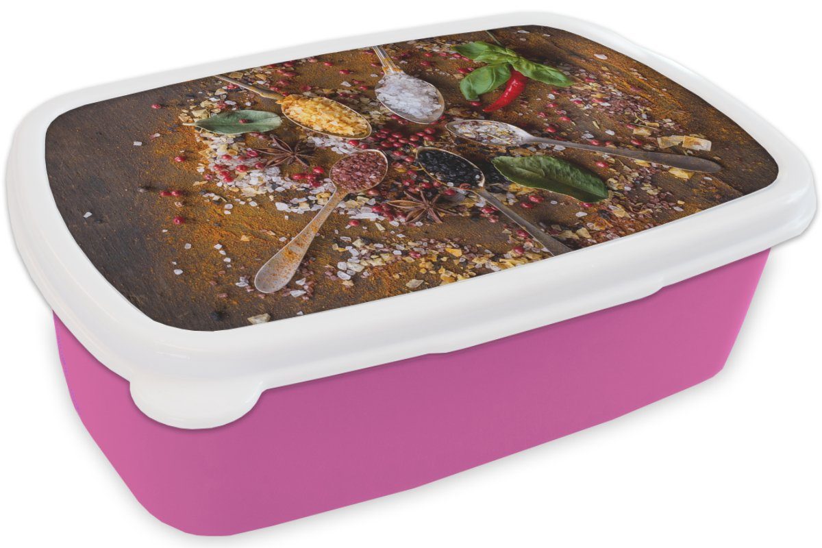 MuchoWow Lunchbox Gewürze Brotdose rosa Salz - Kunststoff, Mädchen, Kräuter - für - Löffel Brotbox (2-tlg), Snackbox, Kunststoff Braun Kinder, - - Küche, Erwachsene