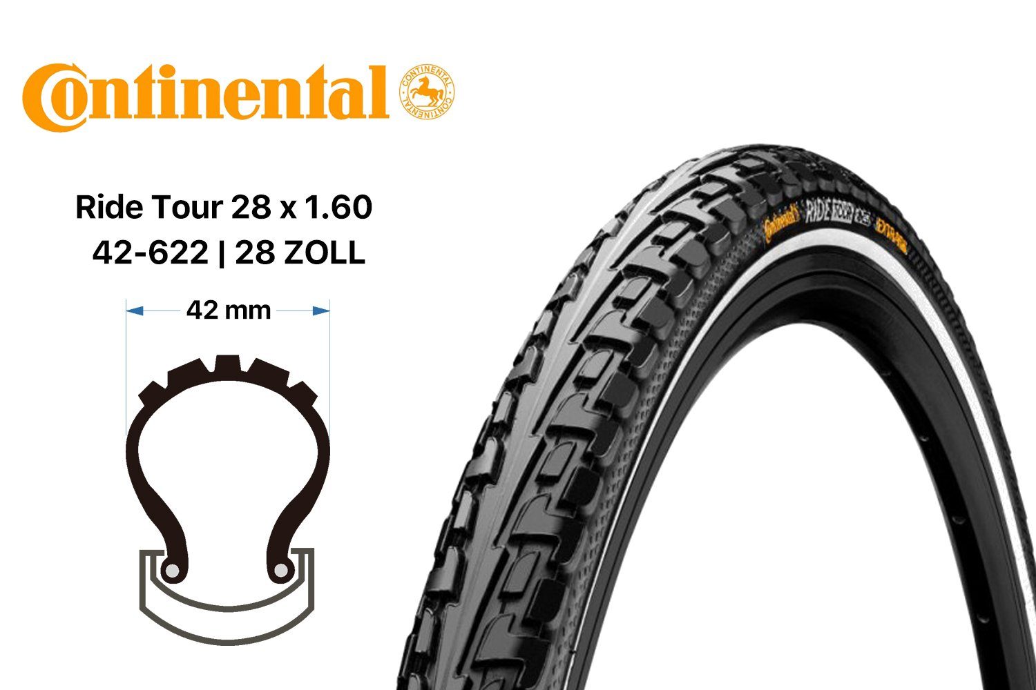 CONTINENTAL Fahrradreifen 28 TOUR Continental Mantel 42-622 Zoll Fahrrad RIDE schwarz Reifen