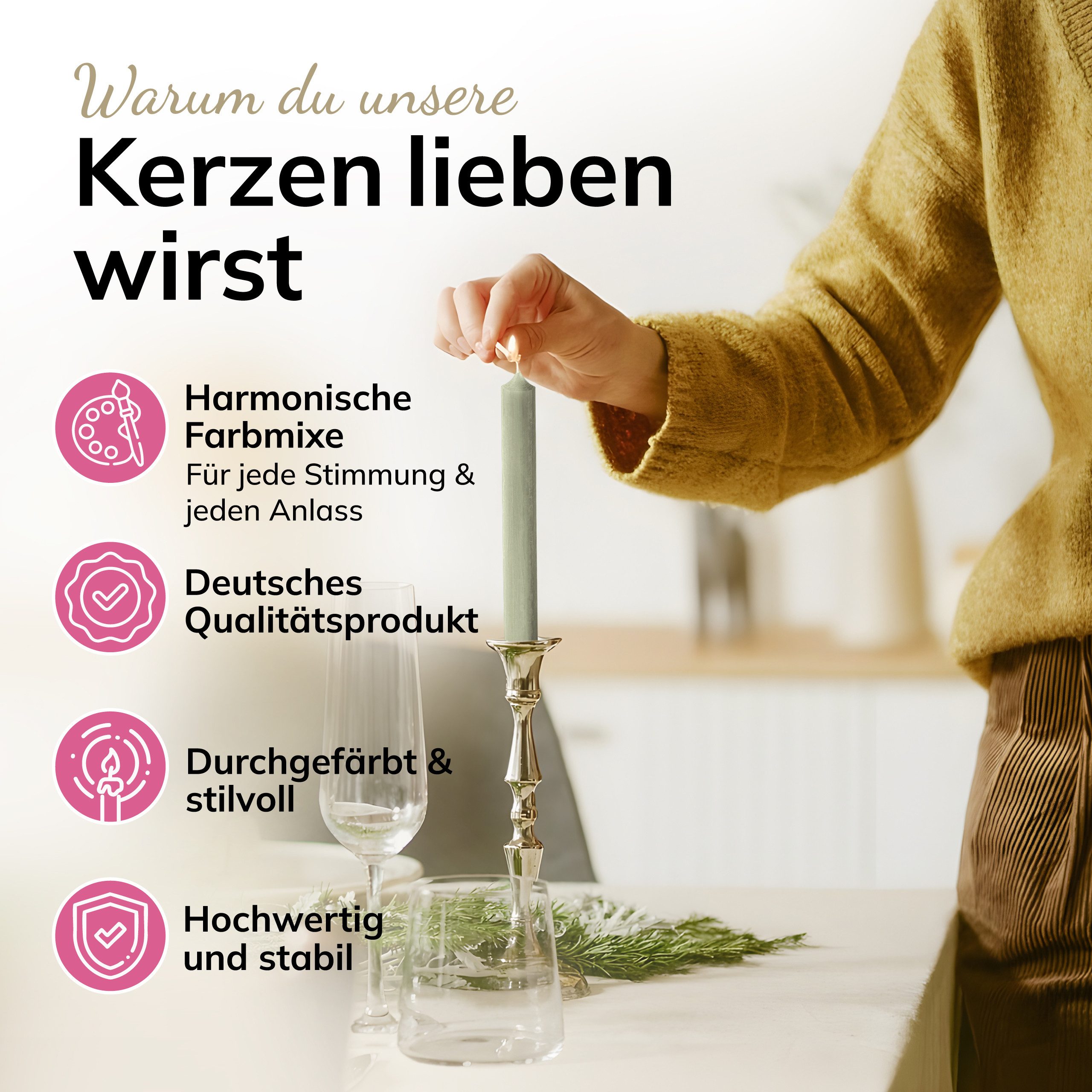 Hahn Kerzenfarm Spitzkerze Stabkerzen 10 cm durchgefärbt Made in Germany salbei grün – Bild 5 von 5