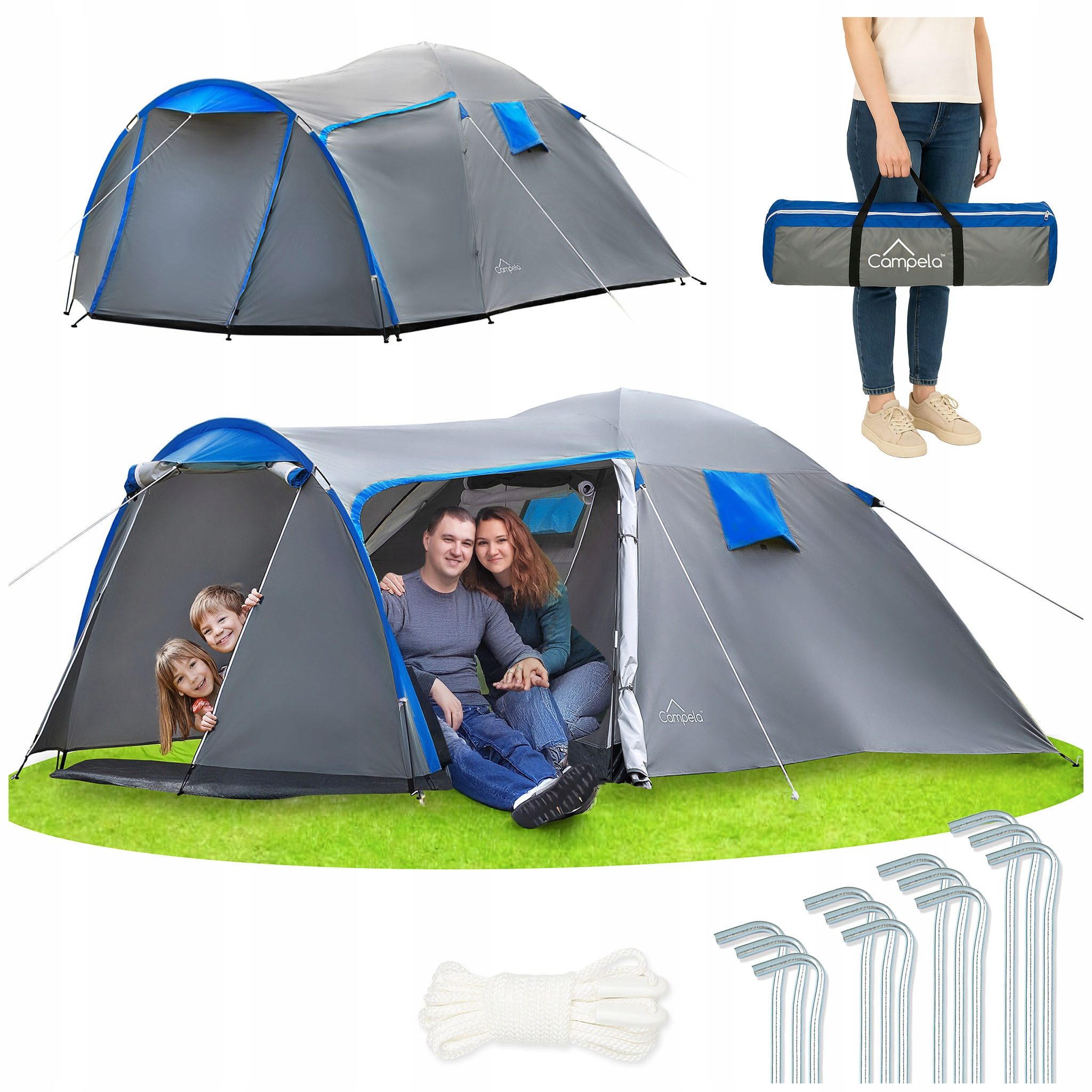 Campela Biwakzelt Familienzelt 4 Personen – wasserdicht 3000 mm – Camping – Vorraum, Personen: 4